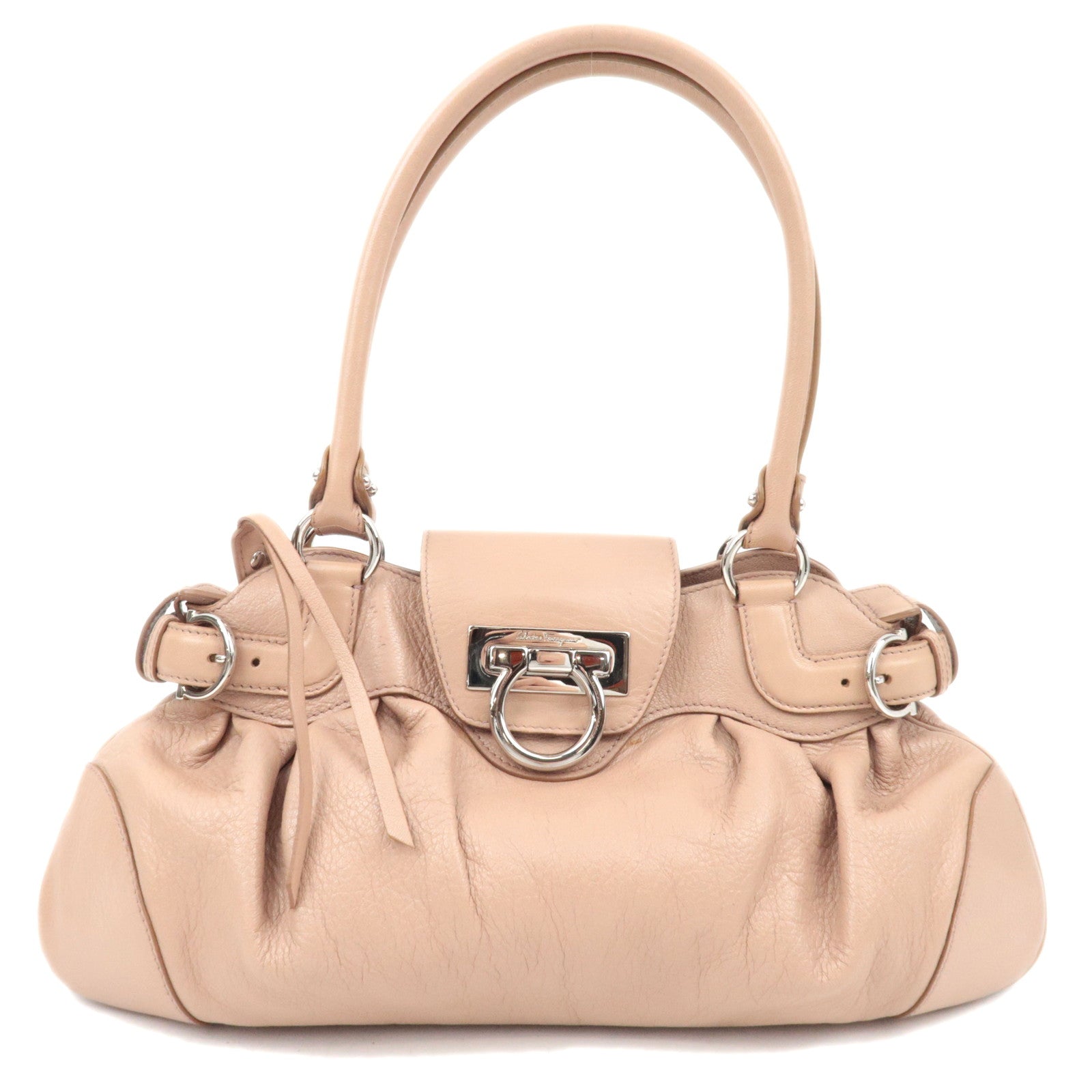 Ferragamo Gancini Shoulder Bag Leather Pink Beige83646