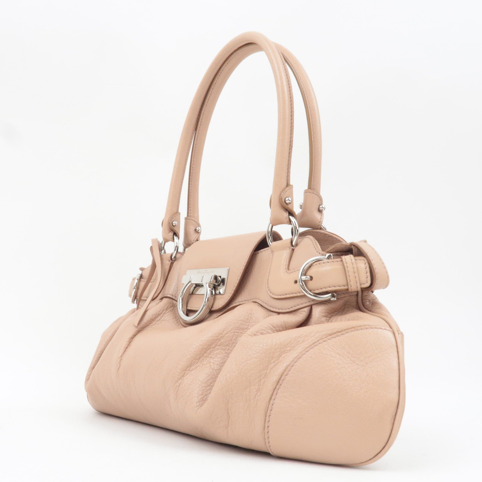 Ferragamo Gancini Shoulder Bag Leather Pink Beige