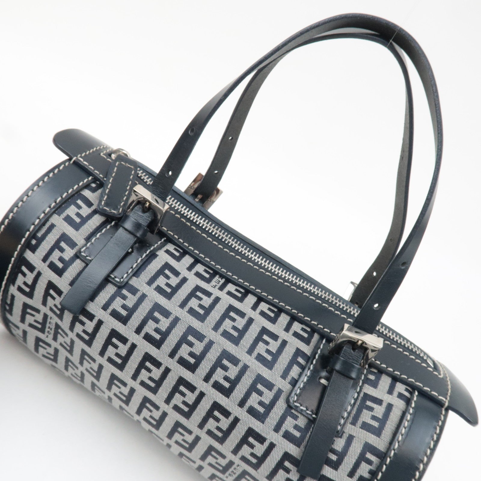 FENDI Zucchino Handbag Canvas Leather Navy 16558 *Dust bag