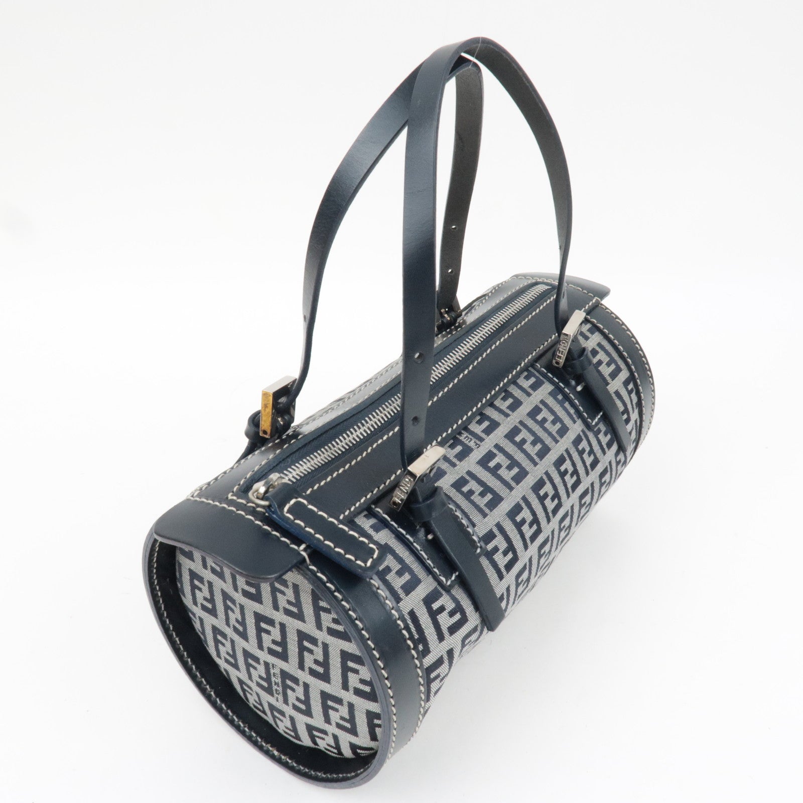 FENDI Zucchino Handbag Canvas Leather Navy 16558 *Dust bag