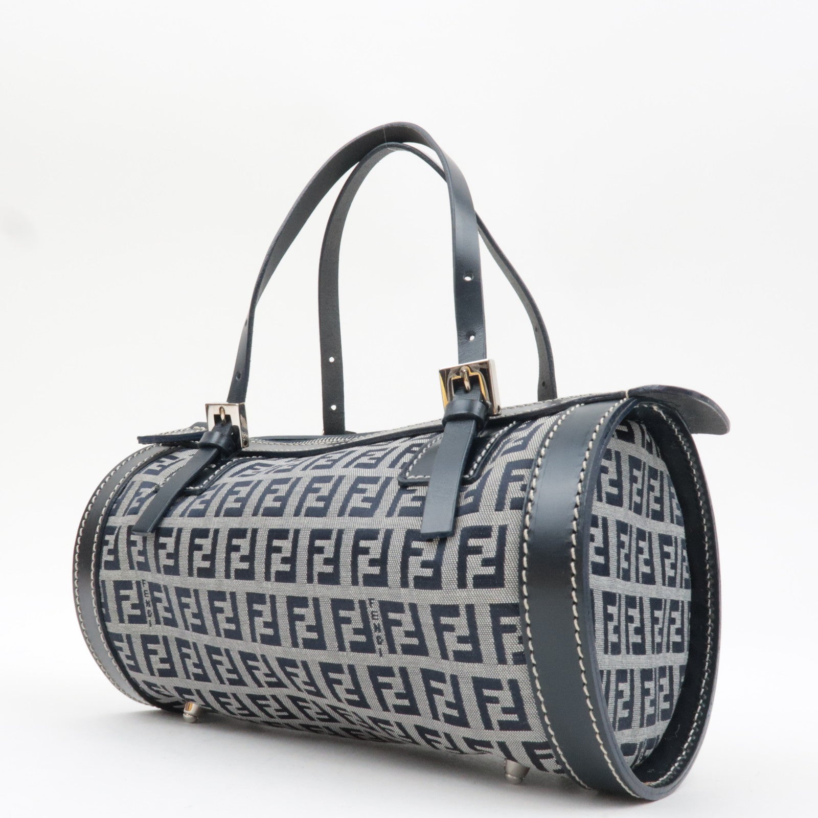 FENDI Zucchino Handbag Canvas Leather Navy 16558 *Dust bag