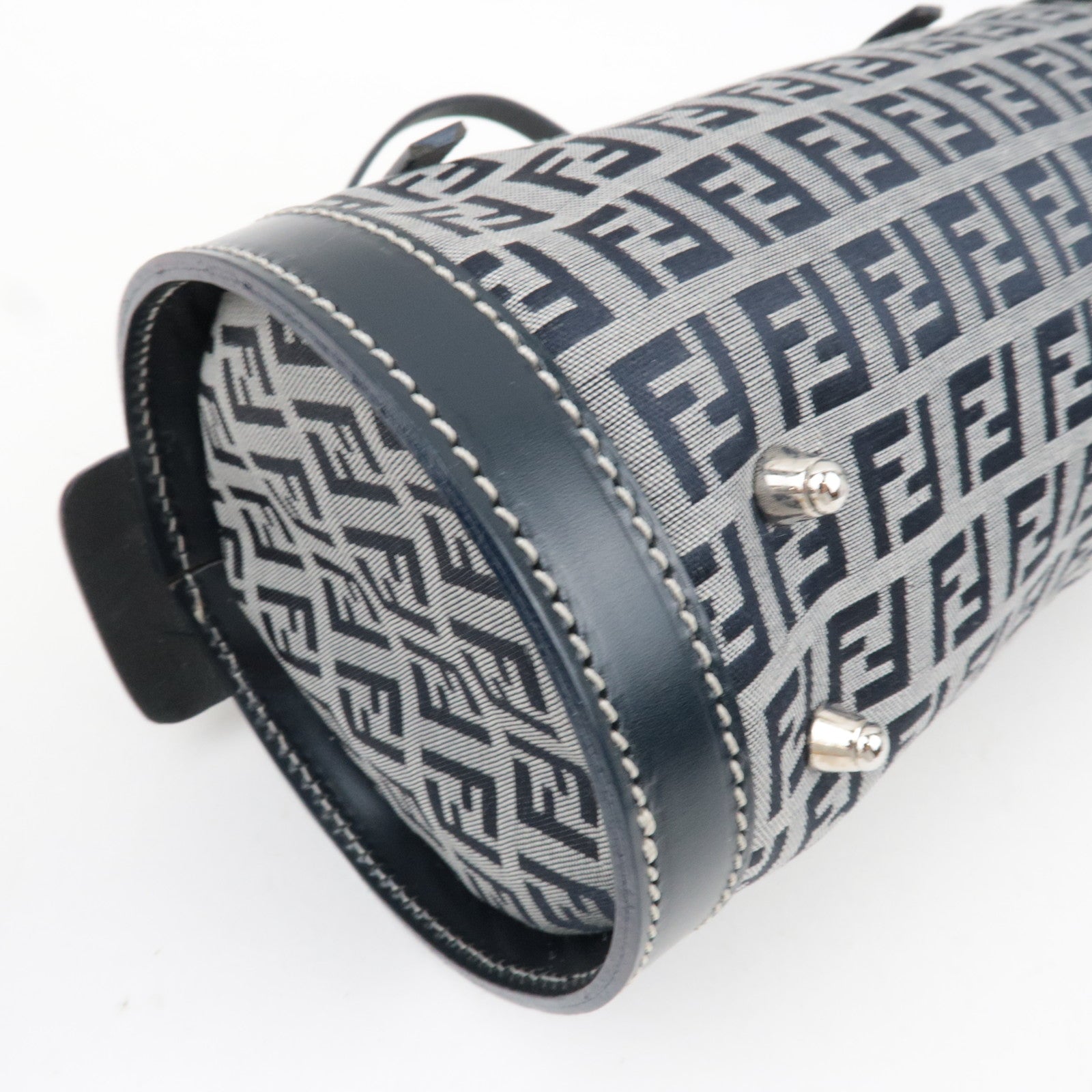 FENDI Zucchino Handbag Canvas Leather Navy 16558 *Dust bag