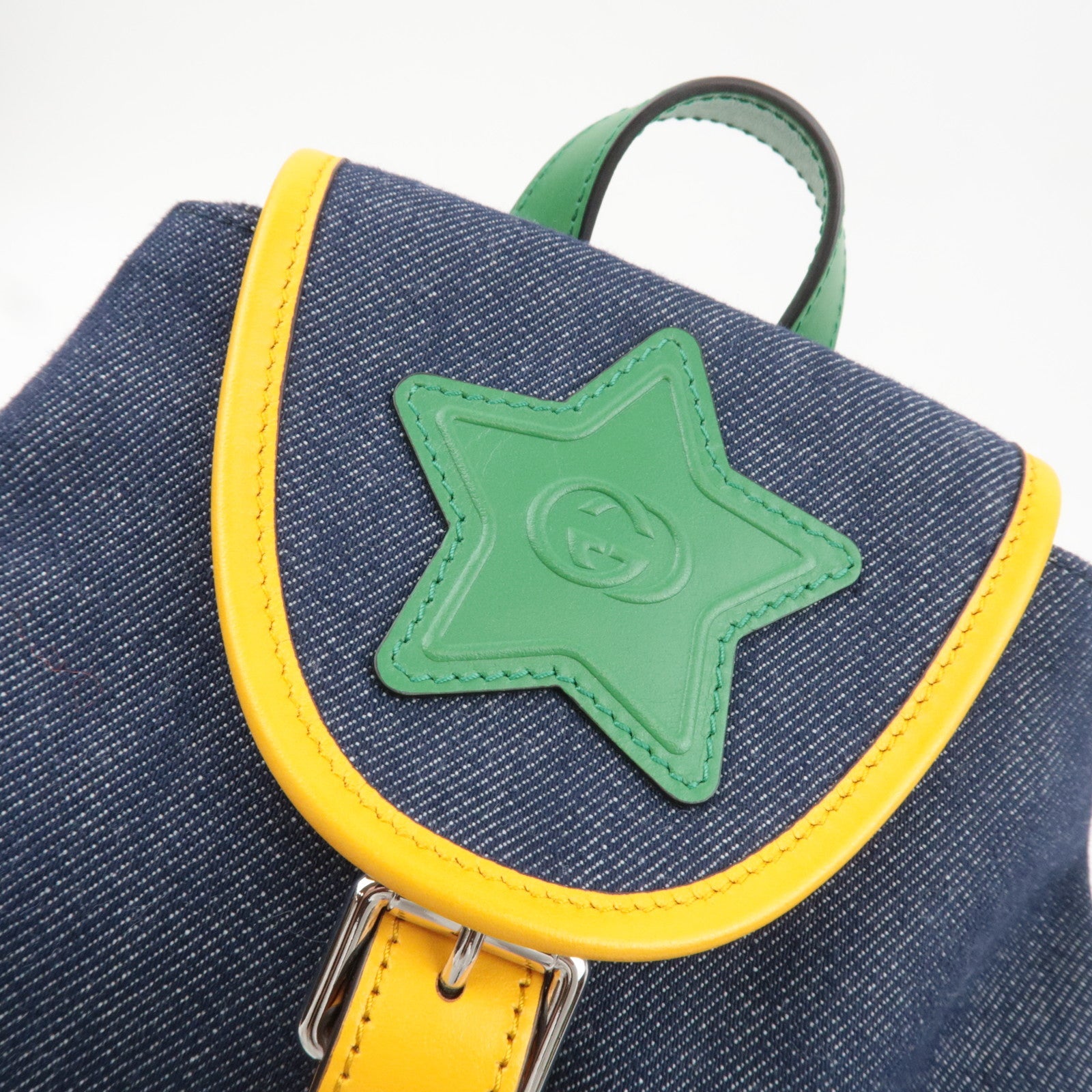 GUCCI Children's Backpack Denim Leather Navy Green Yellow 705169 *Dust bag