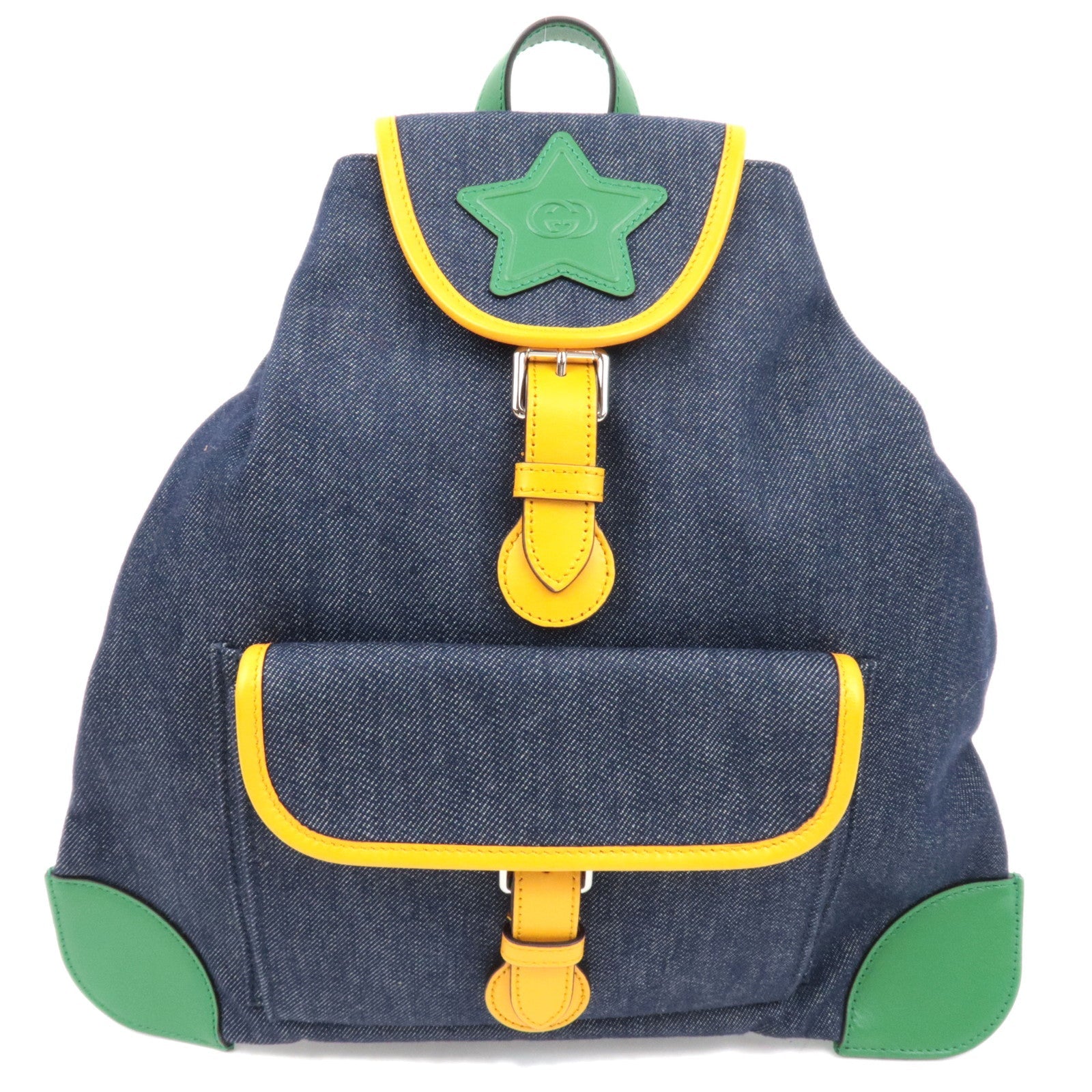 GUCCI Children's Backpack Denim Leather Navy Green Yellow 705169 *Dust bag83676