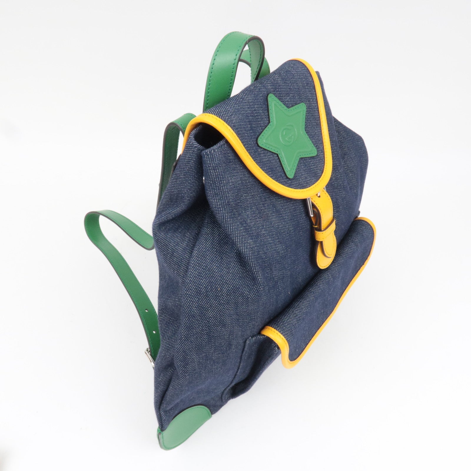 GUCCI Children's Backpack Denim Leather Navy Green Yellow 705169 *Dust bag