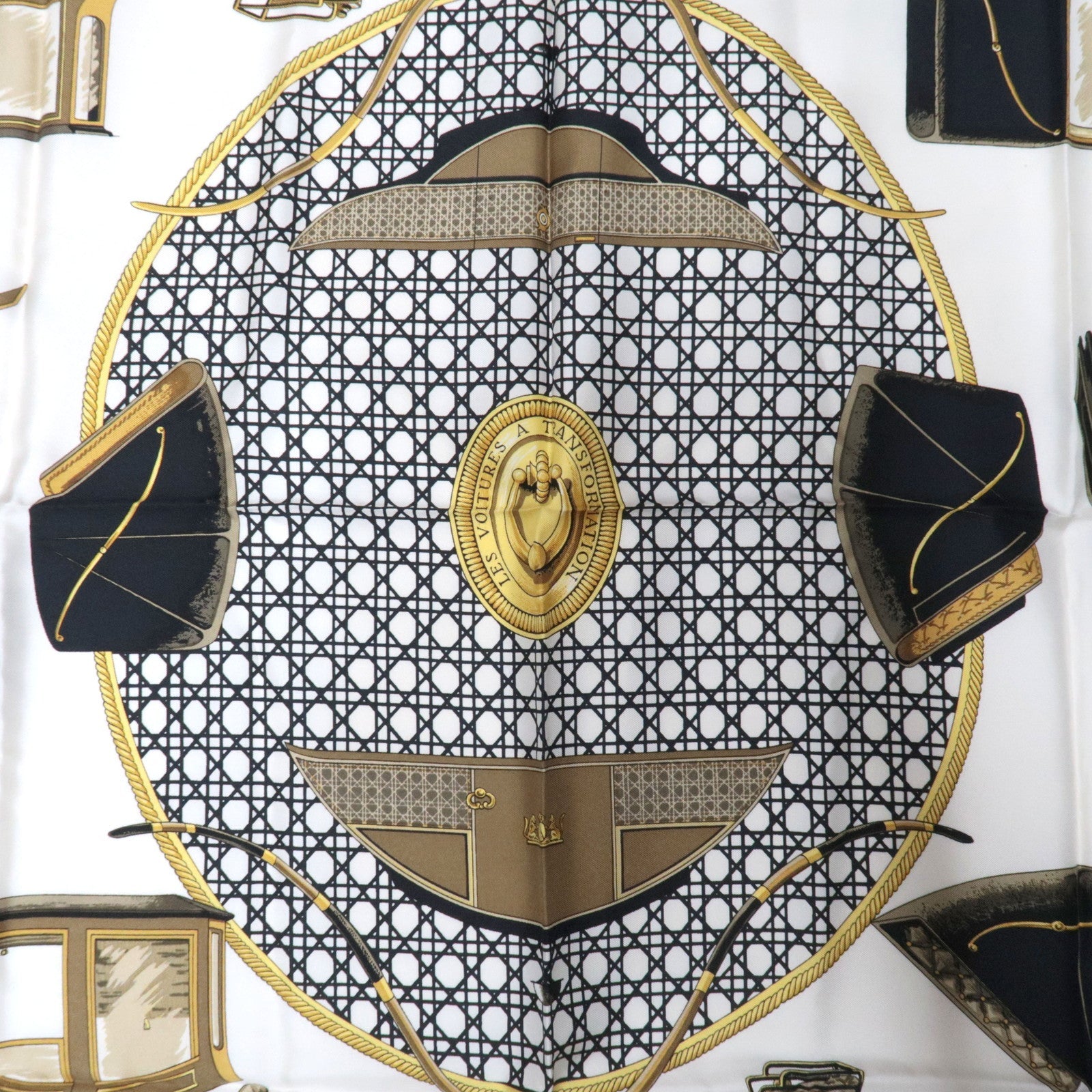 HERMES Carre 90 LES VOITURES A TRANSFORMATION 100% Silk White Black