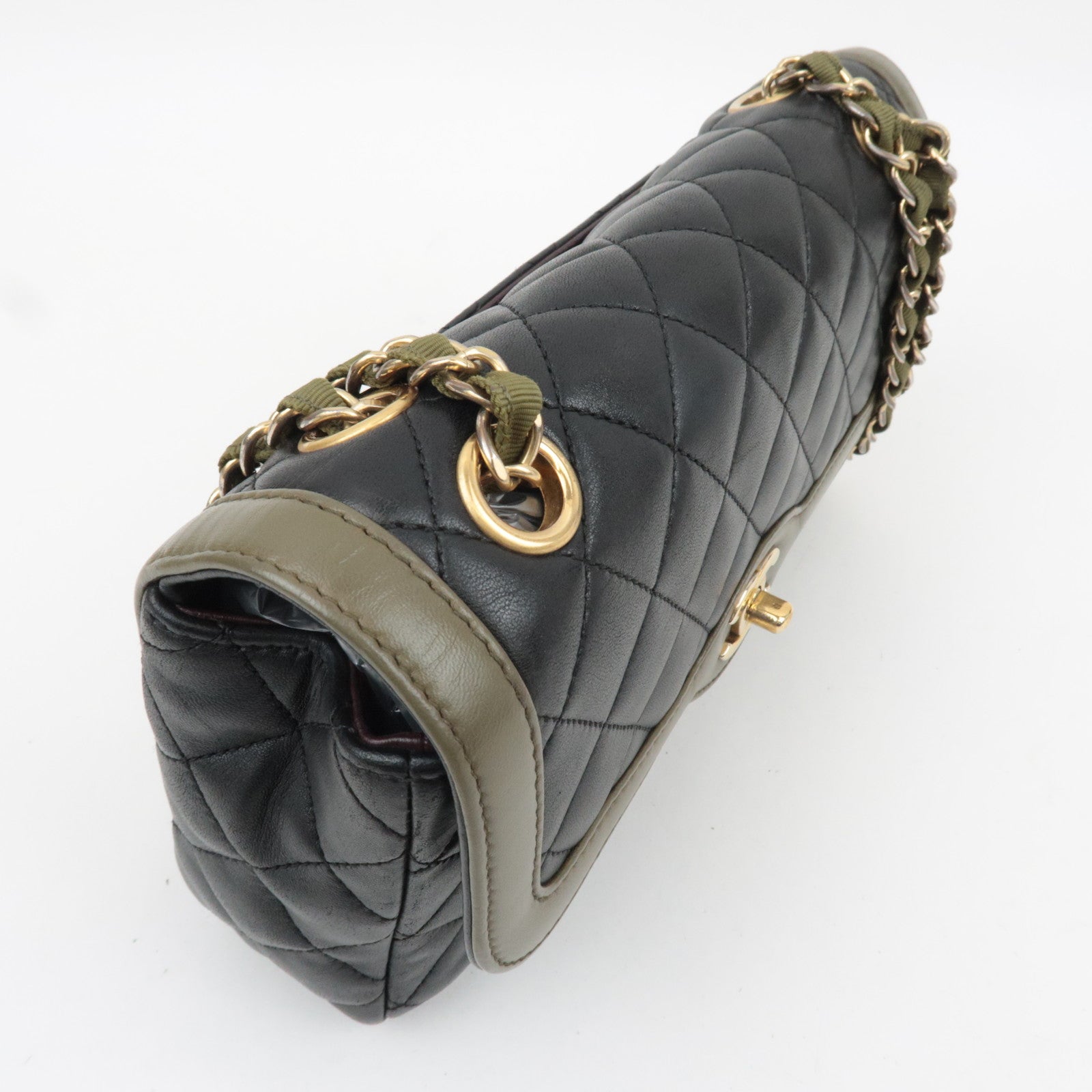 CHANEL Bi Color Matelasse Double Chain Shoulder Bag Lambskin Black Khaki 23759083