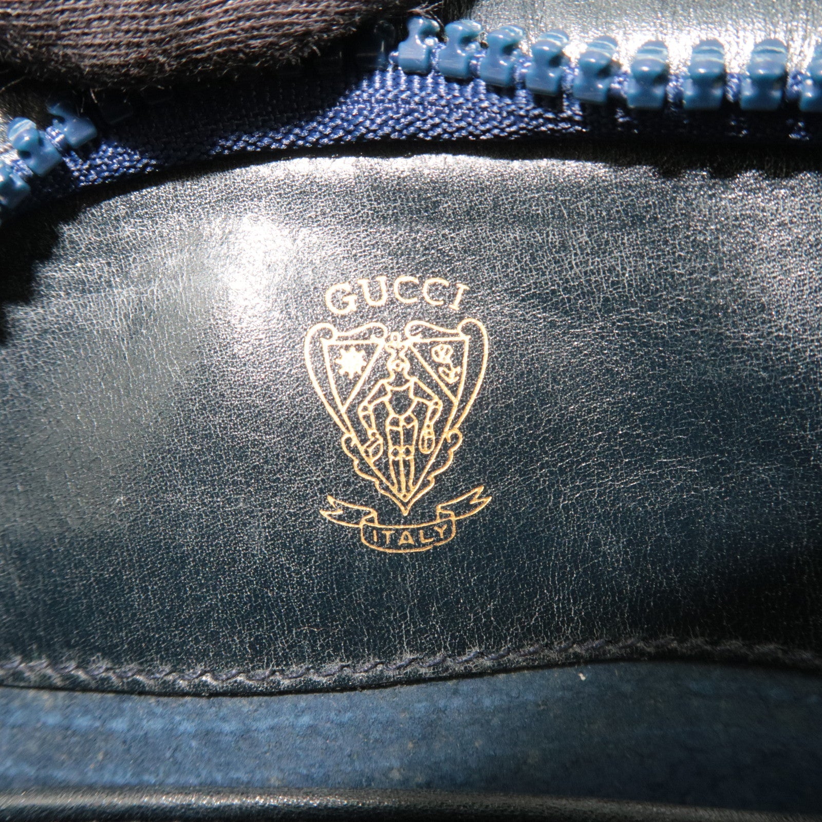 GUCCI Old Gucci GG Plus Leather Shoulder Bag Navy Beige