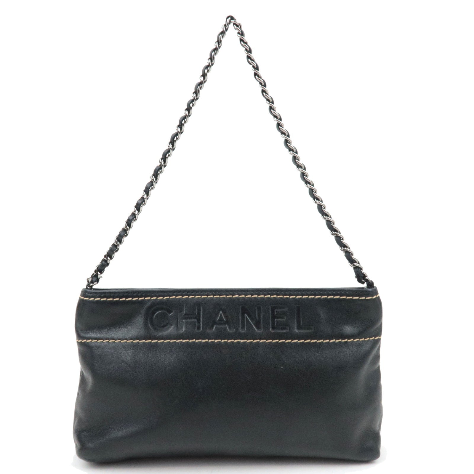 CHANEL Logo Chain Shoulder Bag Lambskin Black Silver HDW 928679483731