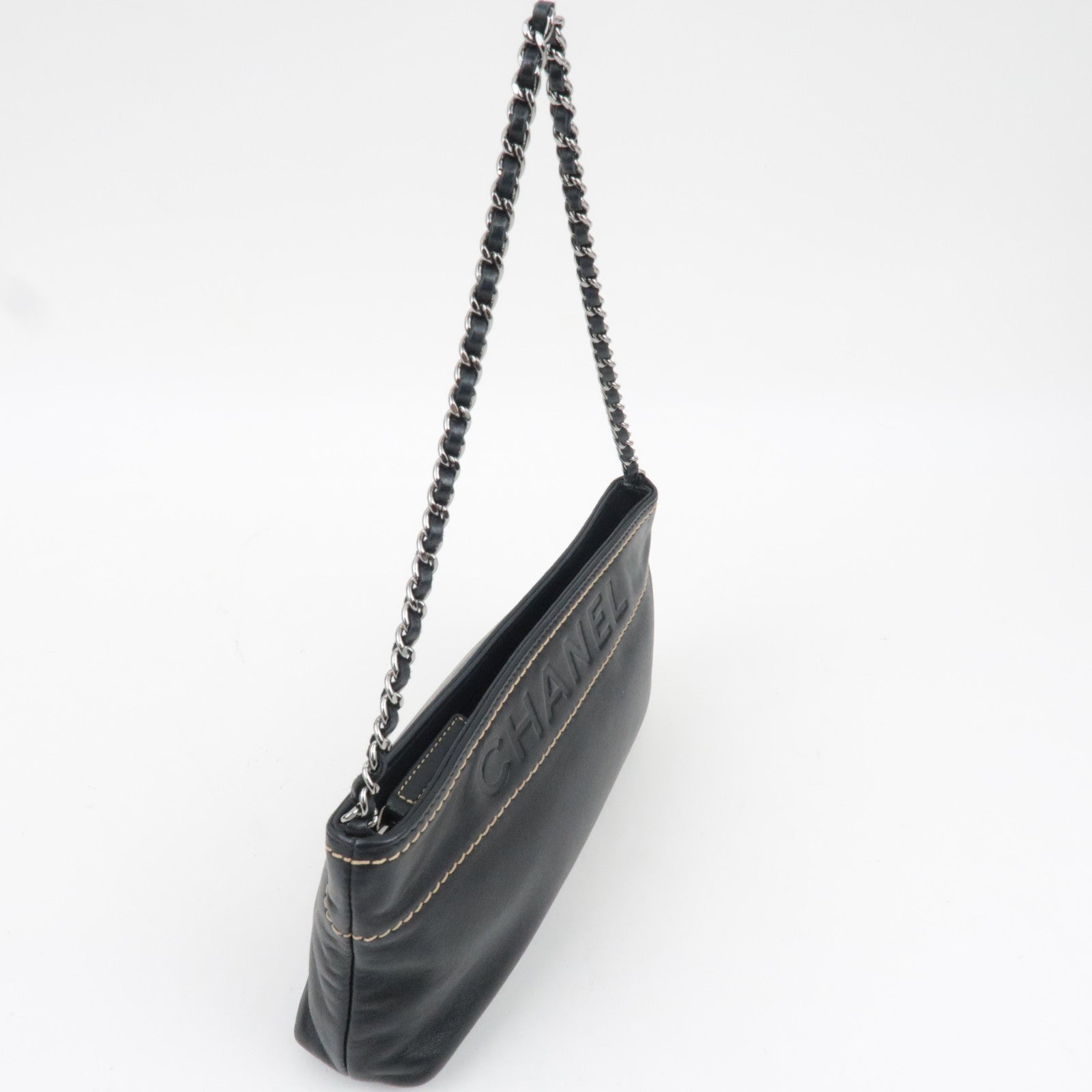 CHANEL Logo Chain Shoulder Bag Lambskin Black Silver HDW 9286794