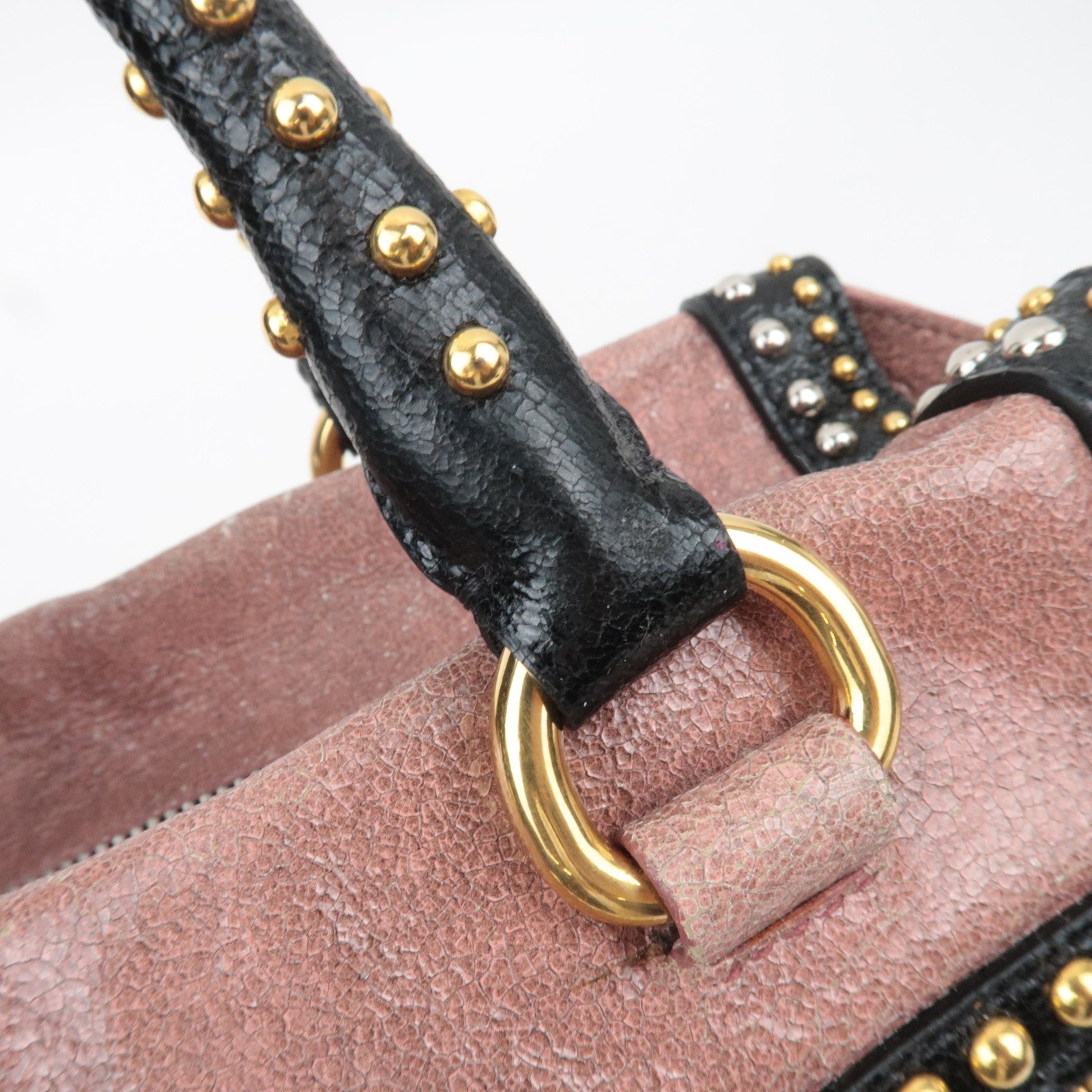 PRADA Studded 2Way Craquele Leather Handbag Pink Black *Dust Bag, Strap