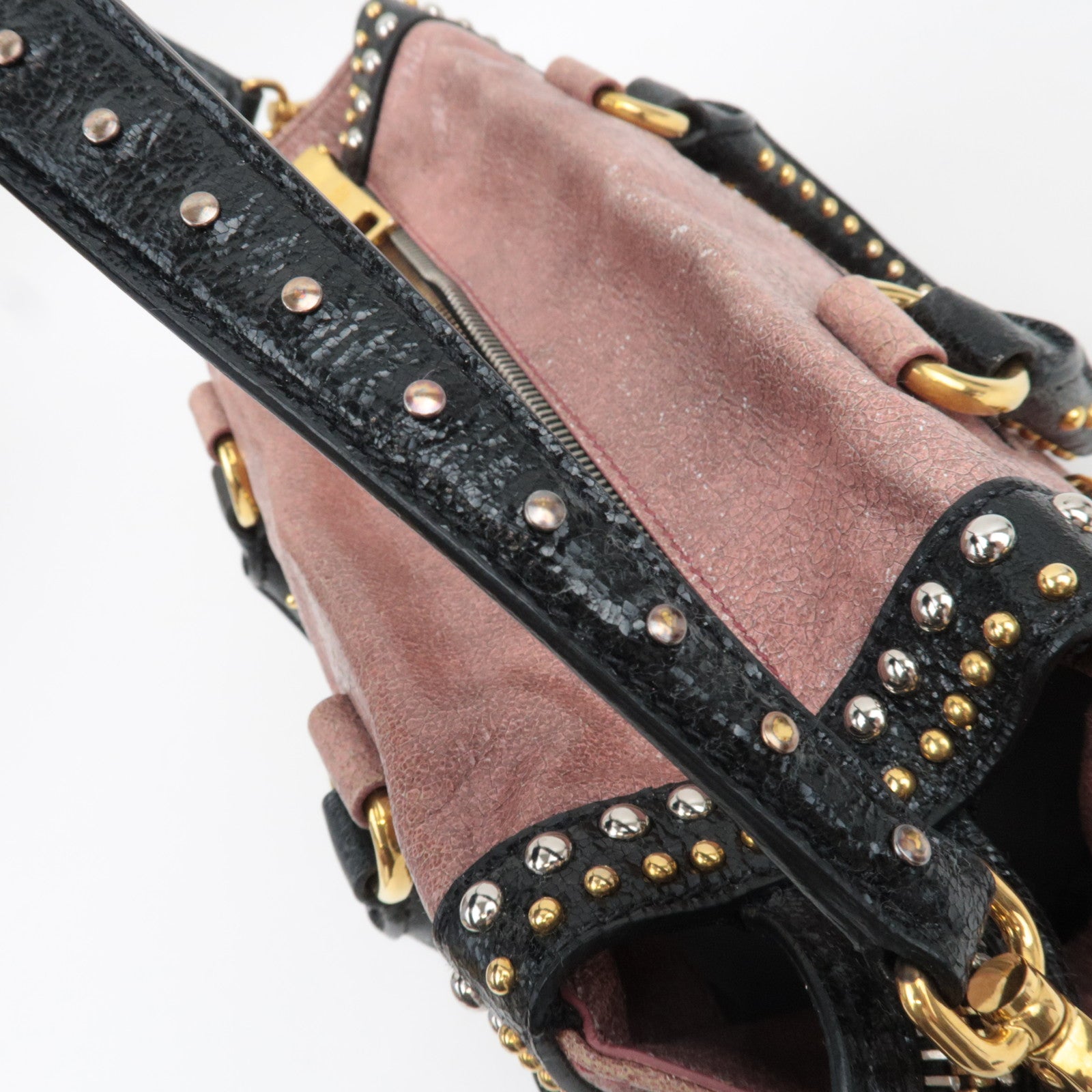 PRADA Studded 2Way Craquele Leather Handbag Pink Black *Dust Bag, Strap