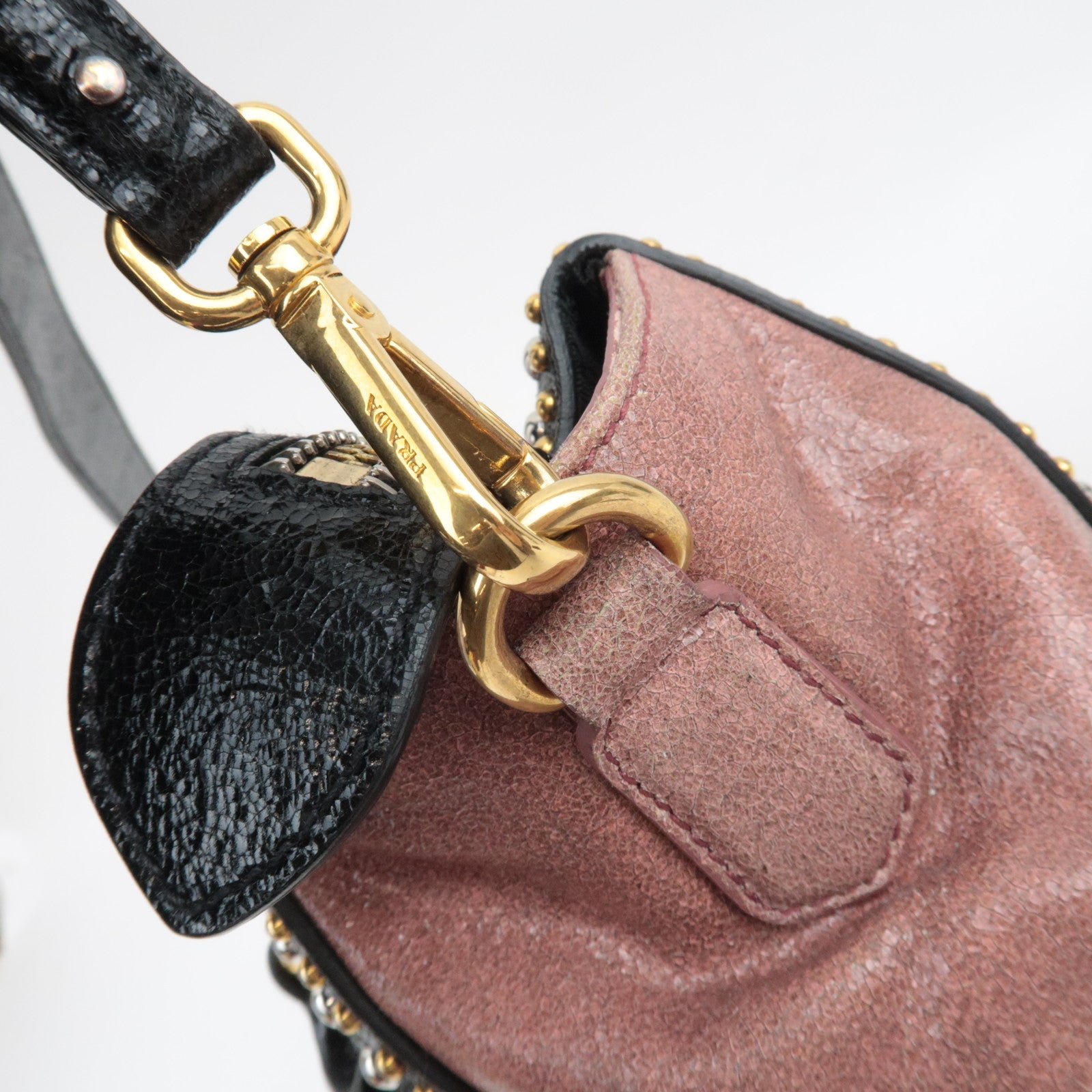 PRADA Studded 2Way Craquele Leather Handbag Pink Black *Dust Bag, Strap