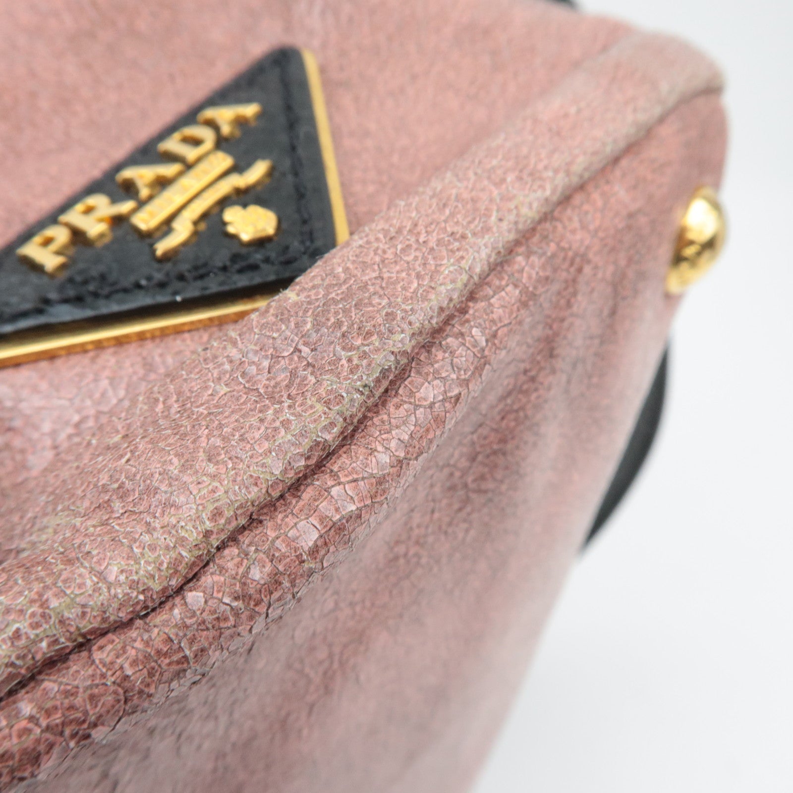 PRADA Studded 2Way Craquele Leather Handbag Pink Black *Dust Bag, Strap