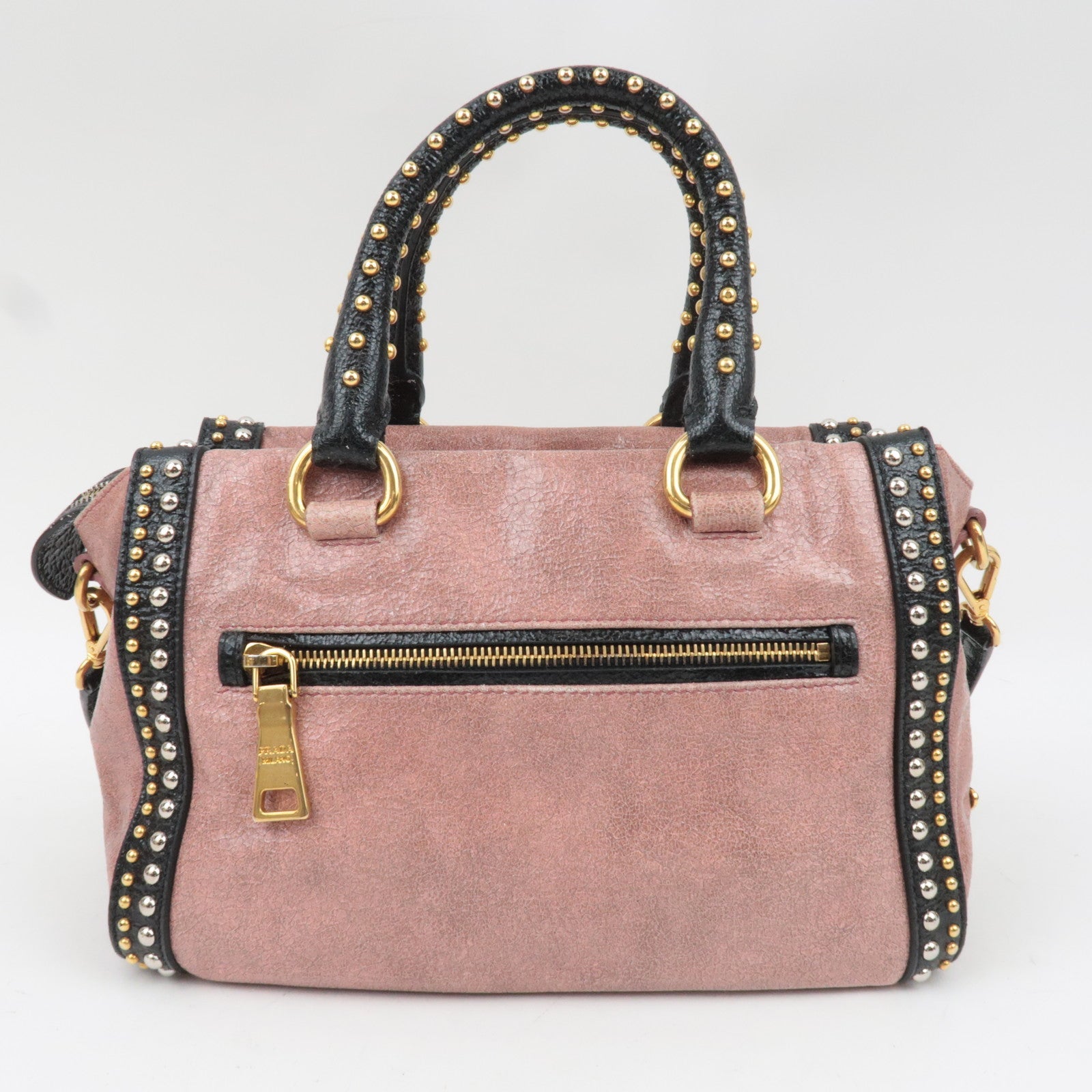 PRADA Studded 2Way Craquele Leather Handbag Pink Black *Dust Bag, Strap