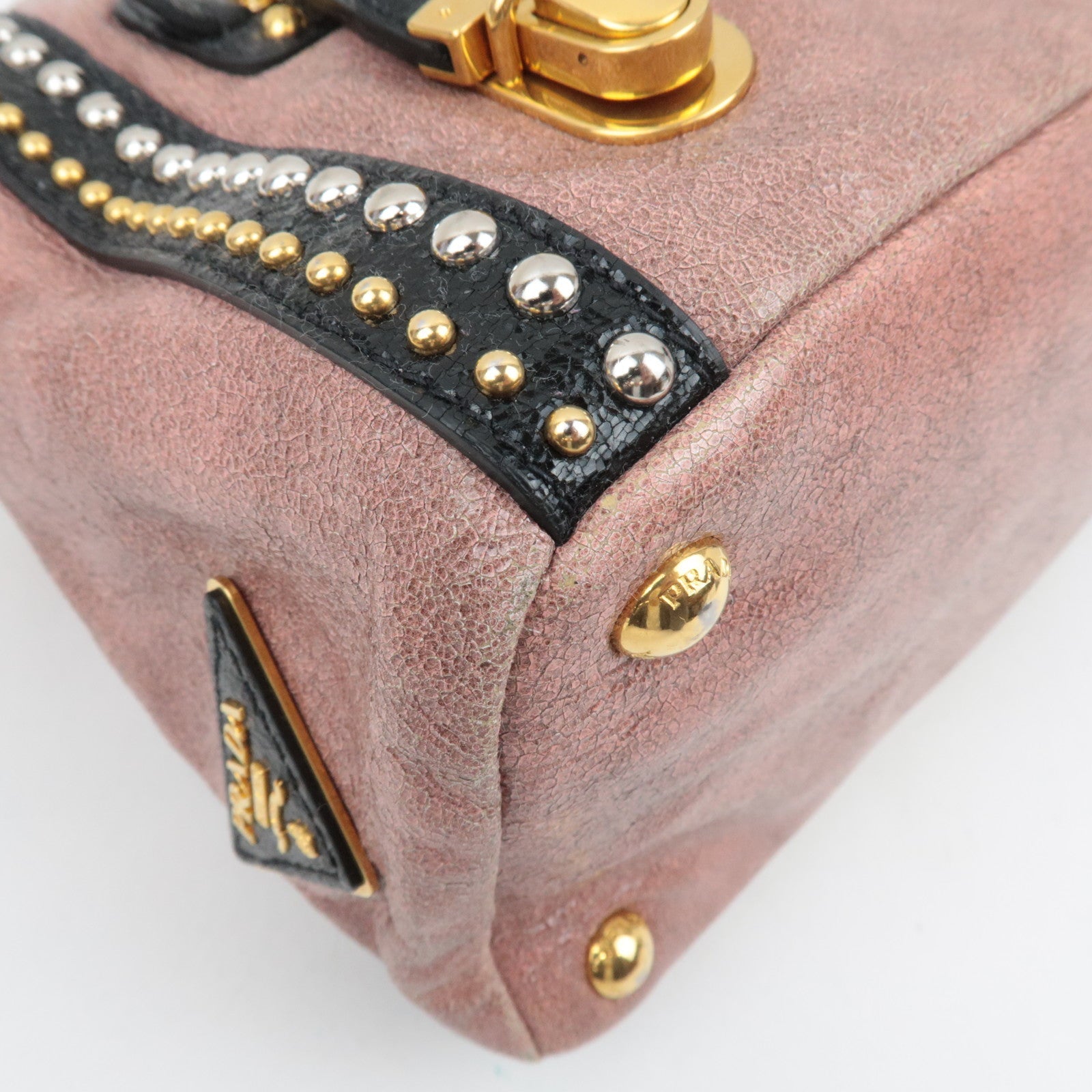 PRADA Studded 2Way Craquele Leather Handbag Pink Black *Dust Bag, Strap