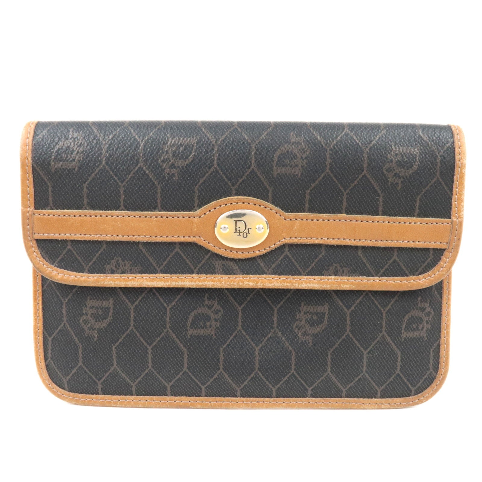 Christian Dior Honeycomb PVC Leather Pouch Black Brown83776