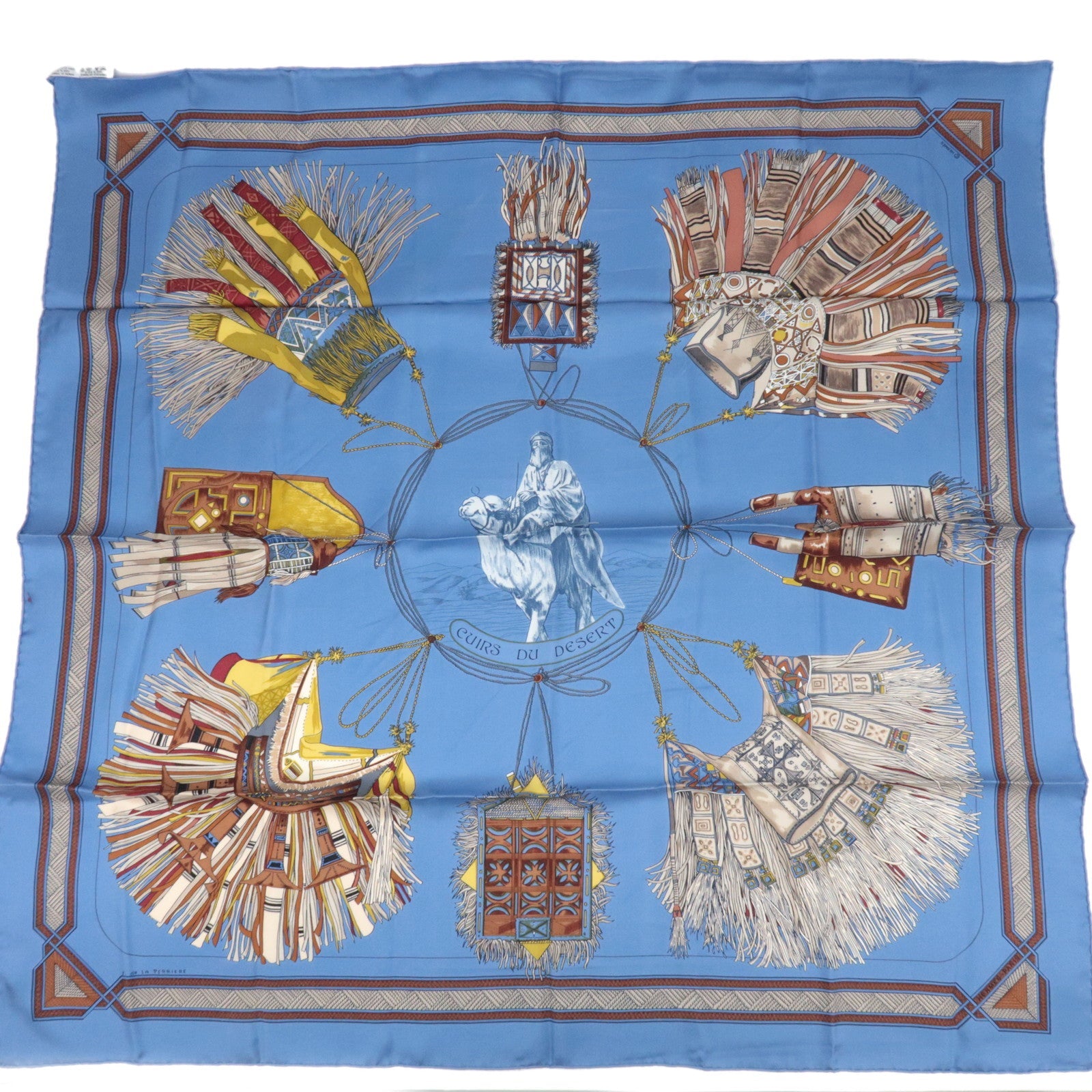 HERMES Carré 90 Scarf CUIRS DU DESERT 100% Silk Blue83786