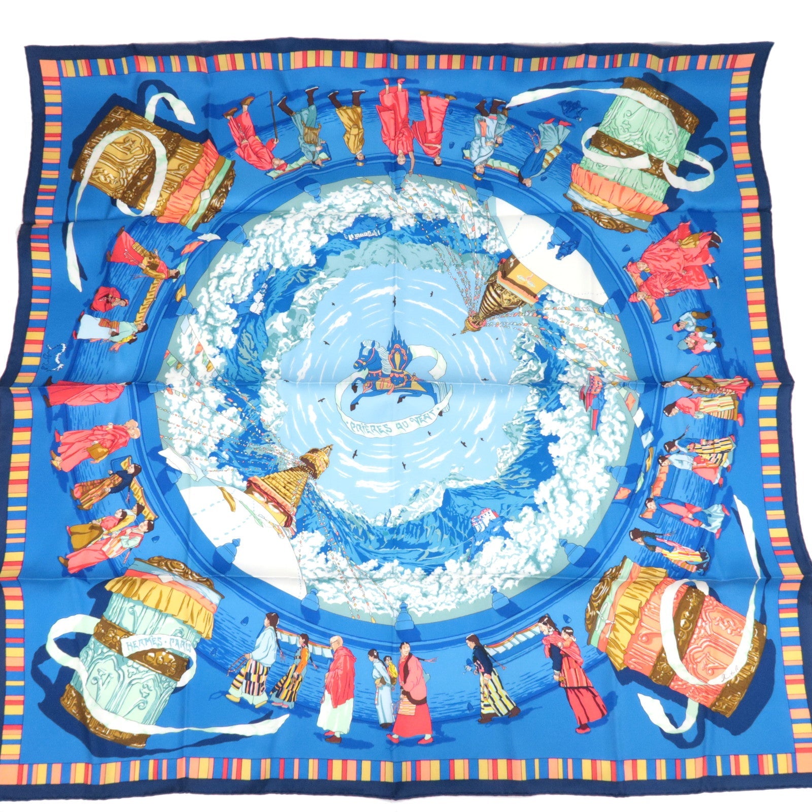 HERMES Carre 90 Scarf PRIERES AU VENT 100% Silk Blue83787