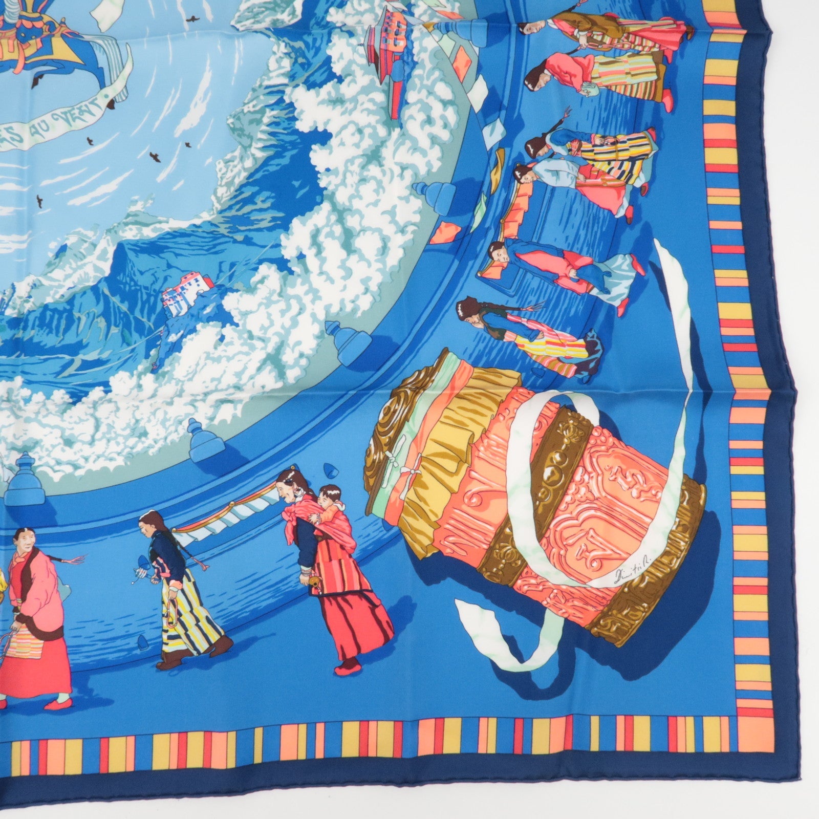 HERMES Carre 90 Scarf PRIERES AU VENT 100% Silk Blue