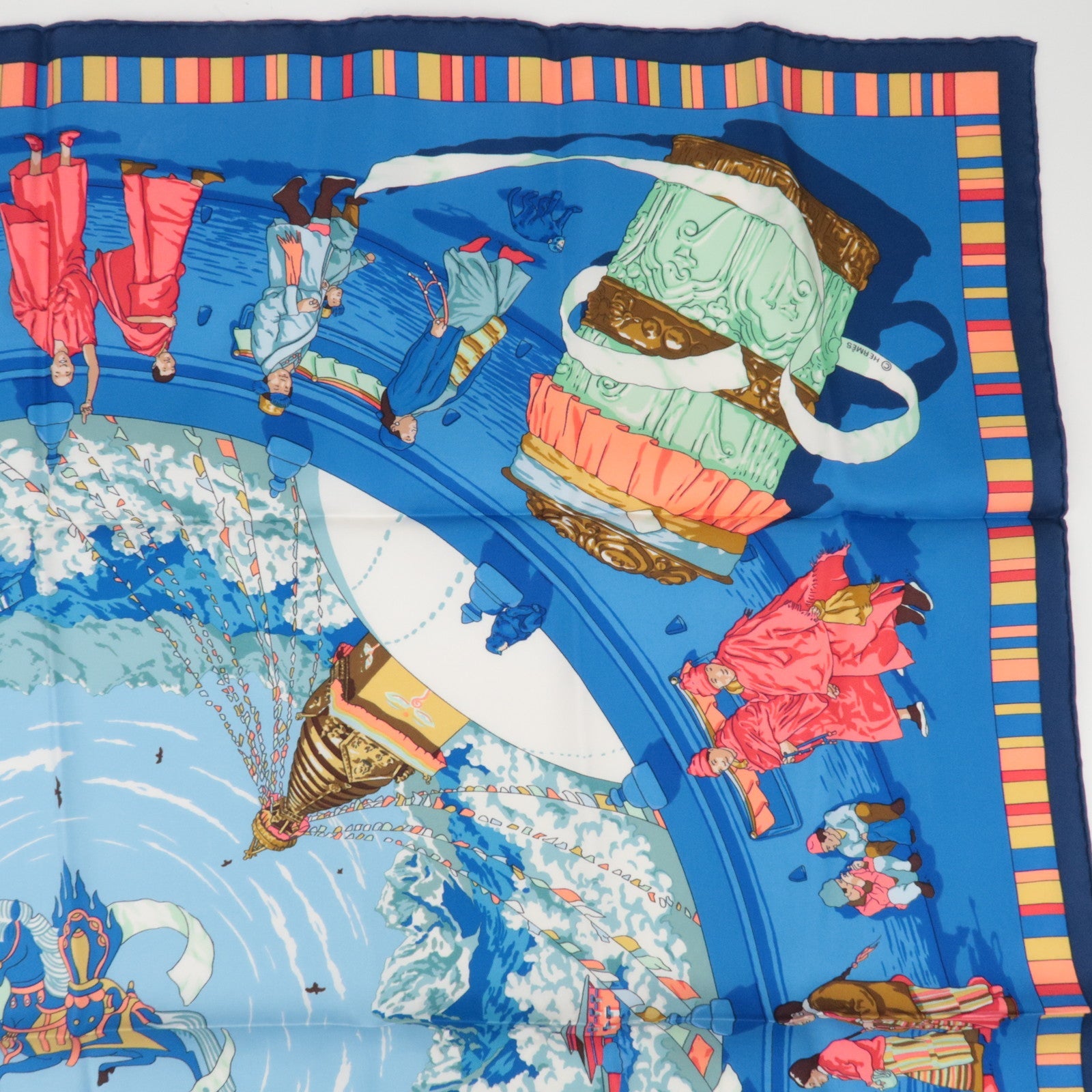 HERMES Carre 90 Scarf PRIERES AU VENT 100% Silk Blue