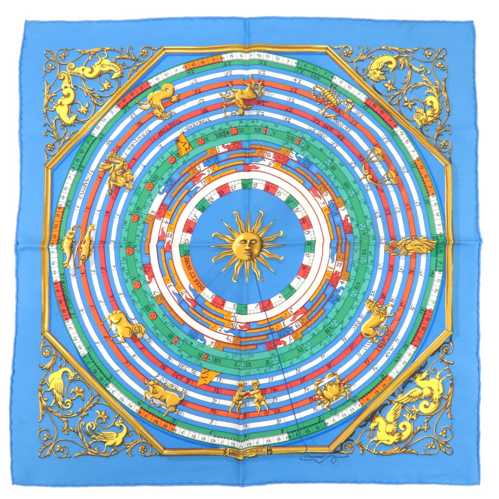 HERMES Petit Carre Carre 40 Scarf Astrology Print 100% Silk Blue83861