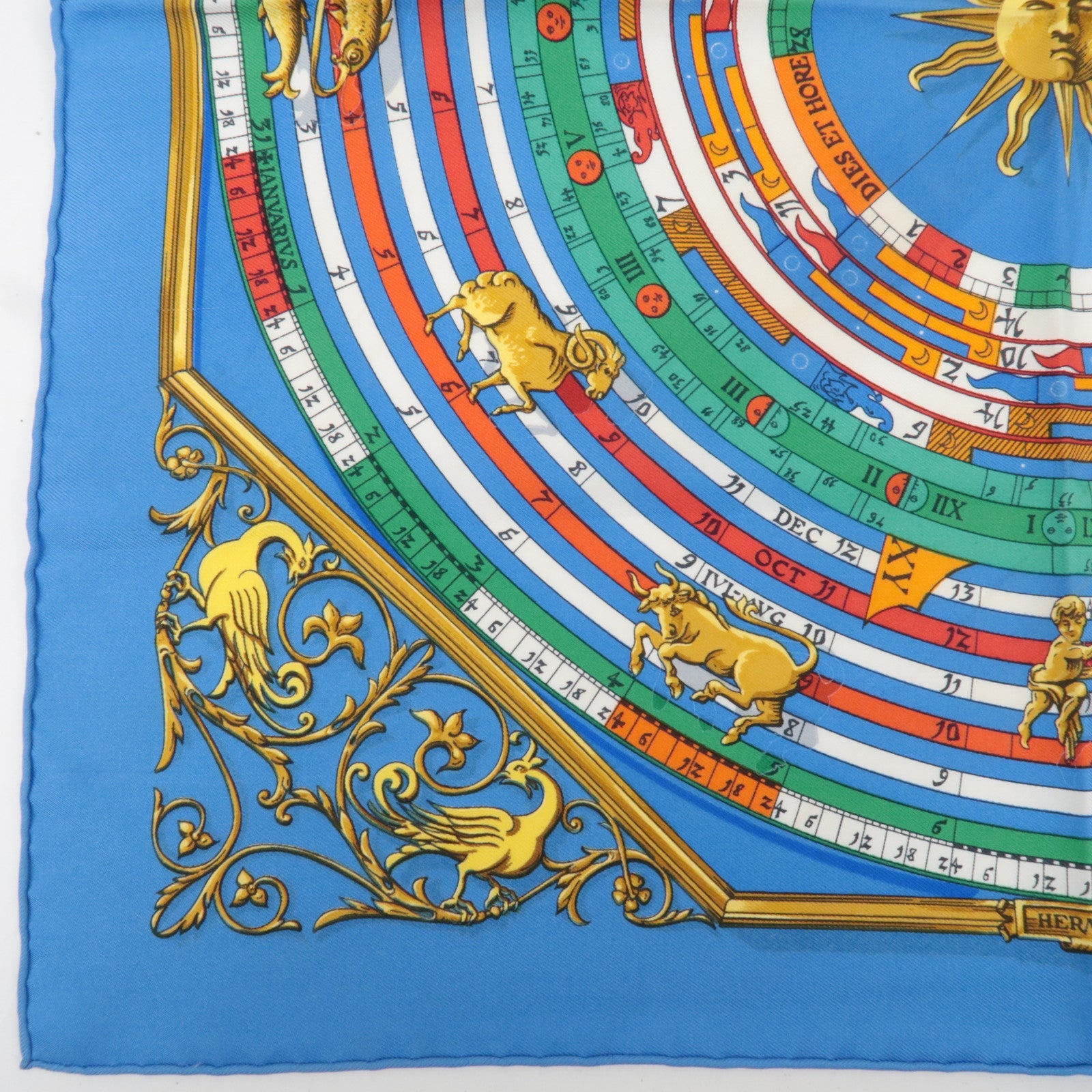 HERMES Petit Carre Carre 40 Scarf Astrology Print 100% Silk Blue
