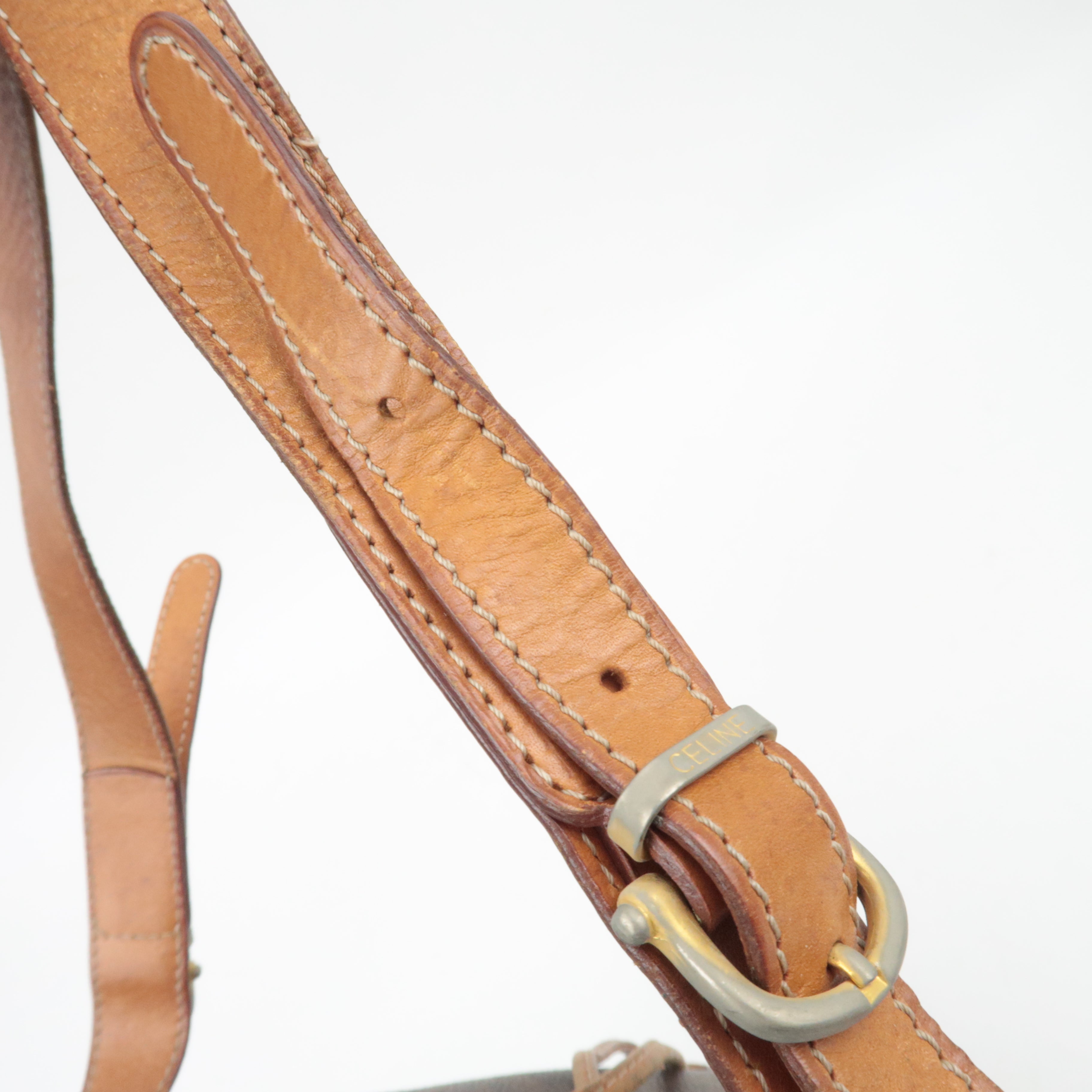 CELINE Macadam Drawstring Leather Shoulder Bag PVC Brown