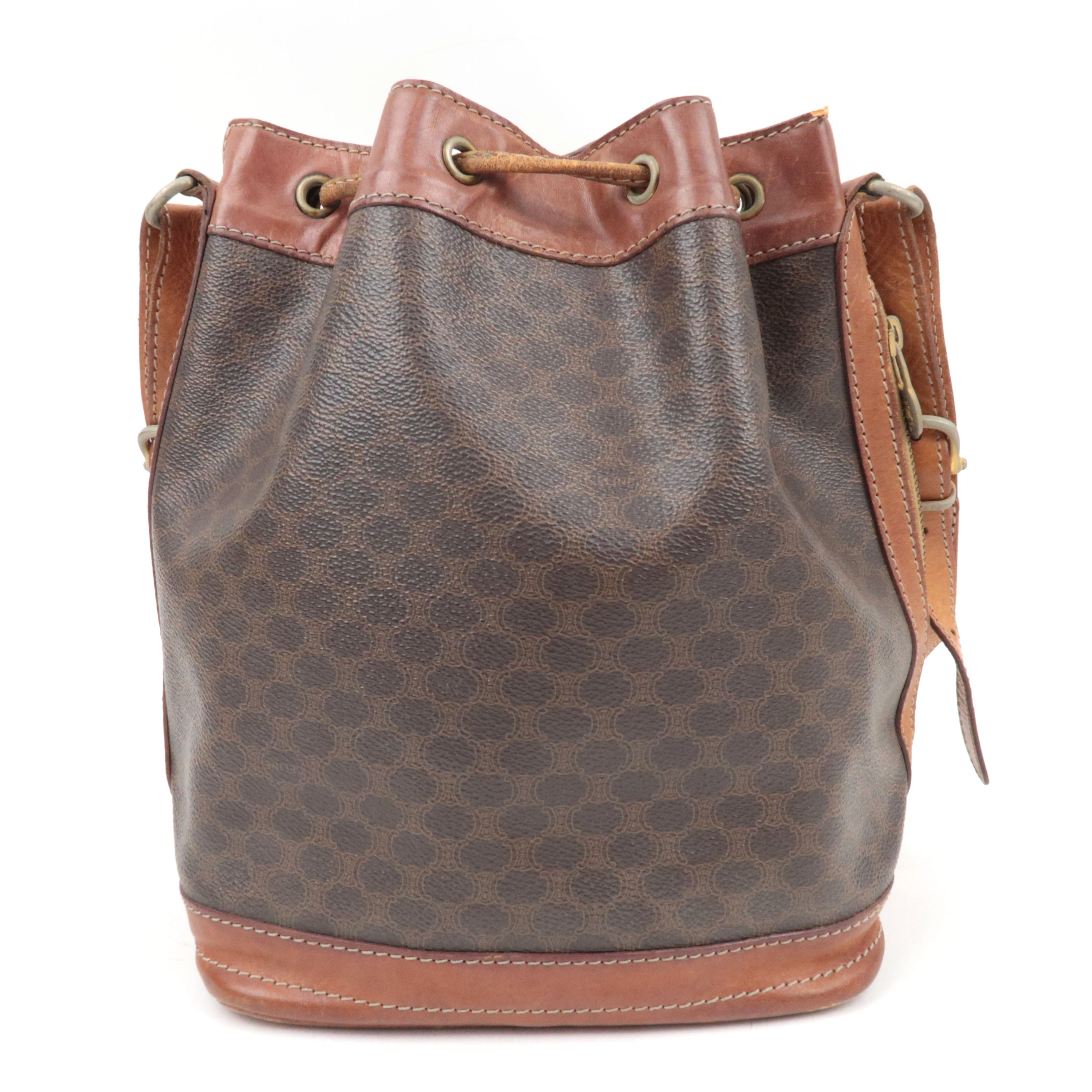 CELINE Macadam Drawstring Leather Shoulder Bag PVC Brown