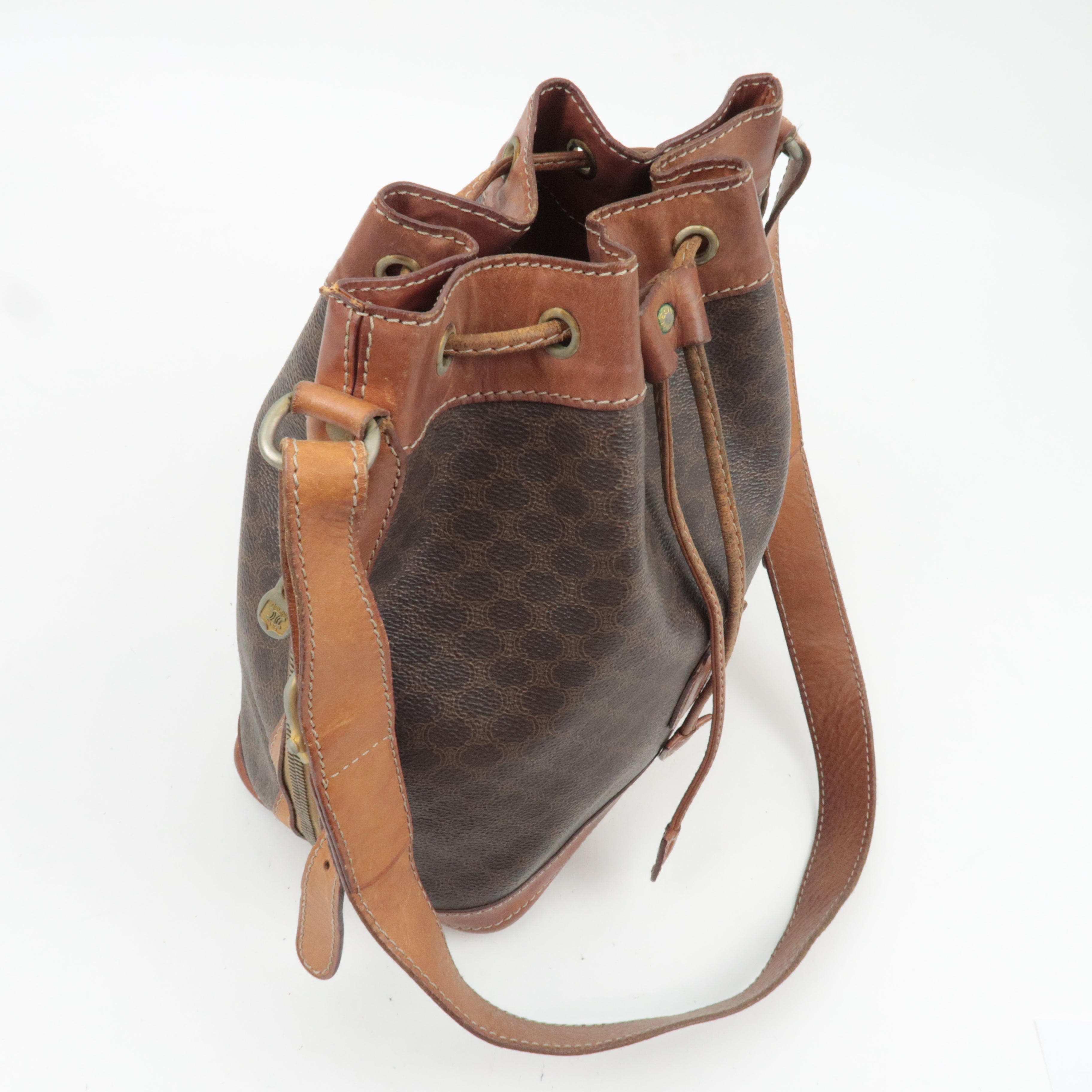 CELINE Macadam Drawstring Leather Shoulder Bag PVC Brown