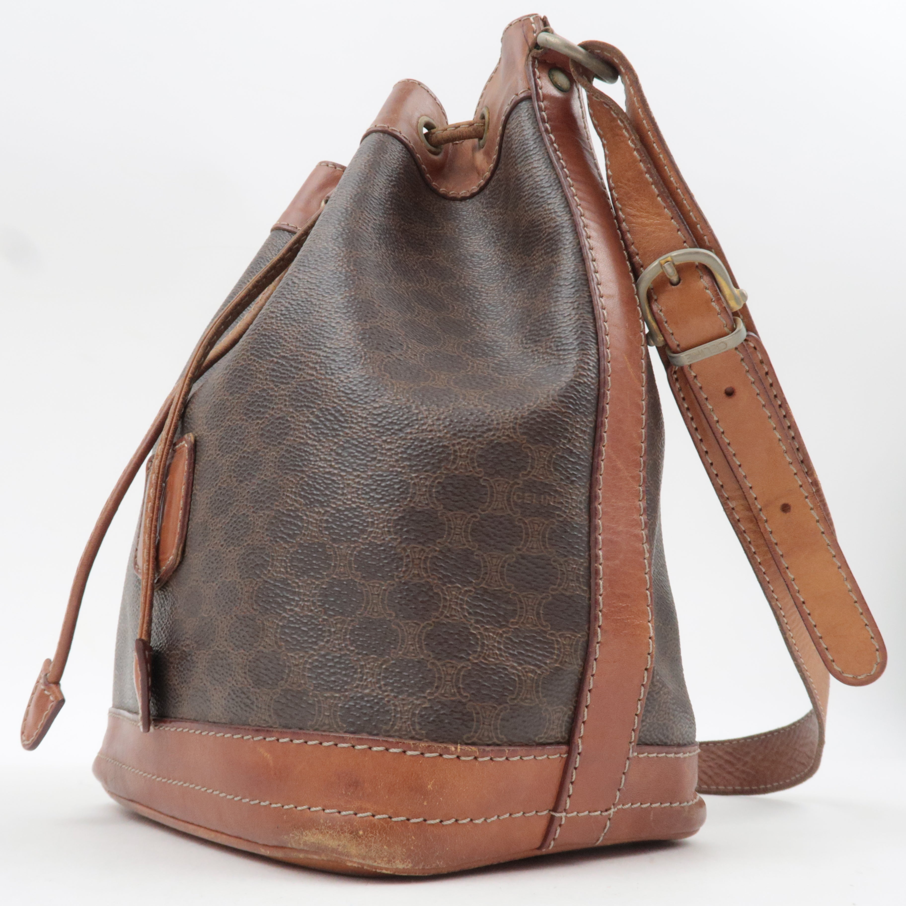 CELINE Macadam Drawstring Leather Shoulder Bag PVC Brown