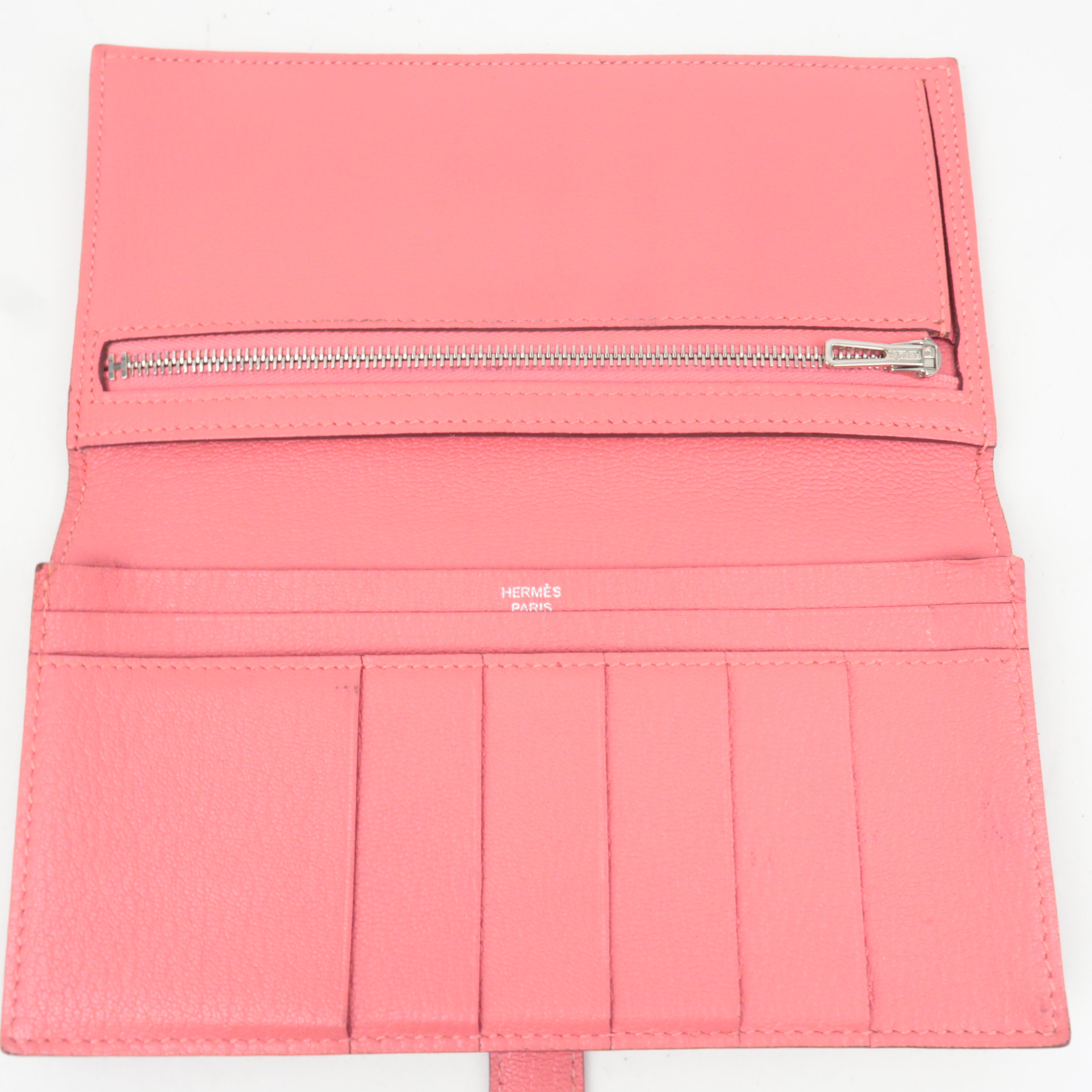 HERMES Bearn Soufflet Bifold Long Wallet X Stamp (2016) Chevre Rose Azalea Silver HDW *Box