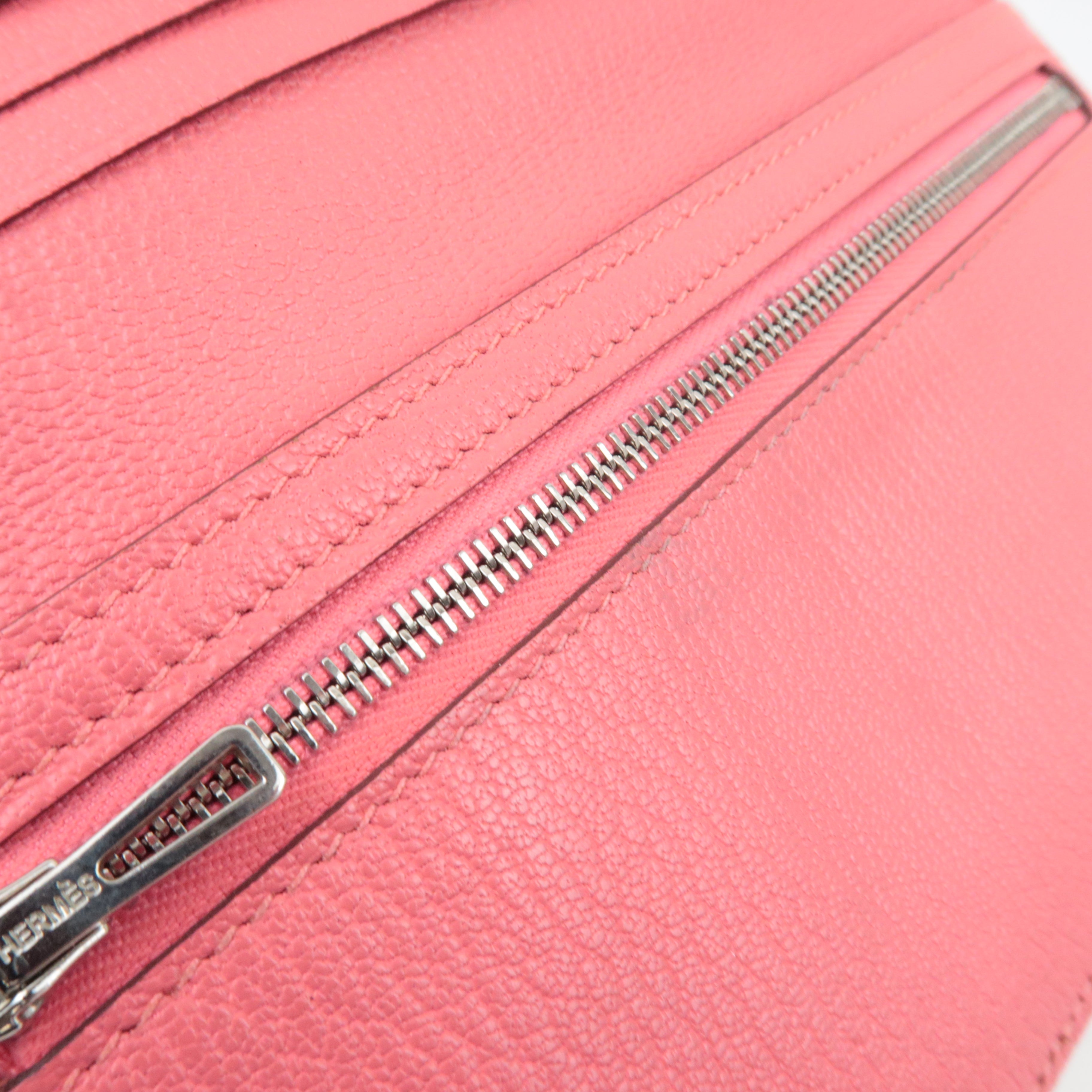 HERMES Bearn Soufflet Bifold Long Wallet X Stamp (2016) Chevre Rose Azalea Silver HDW *Box