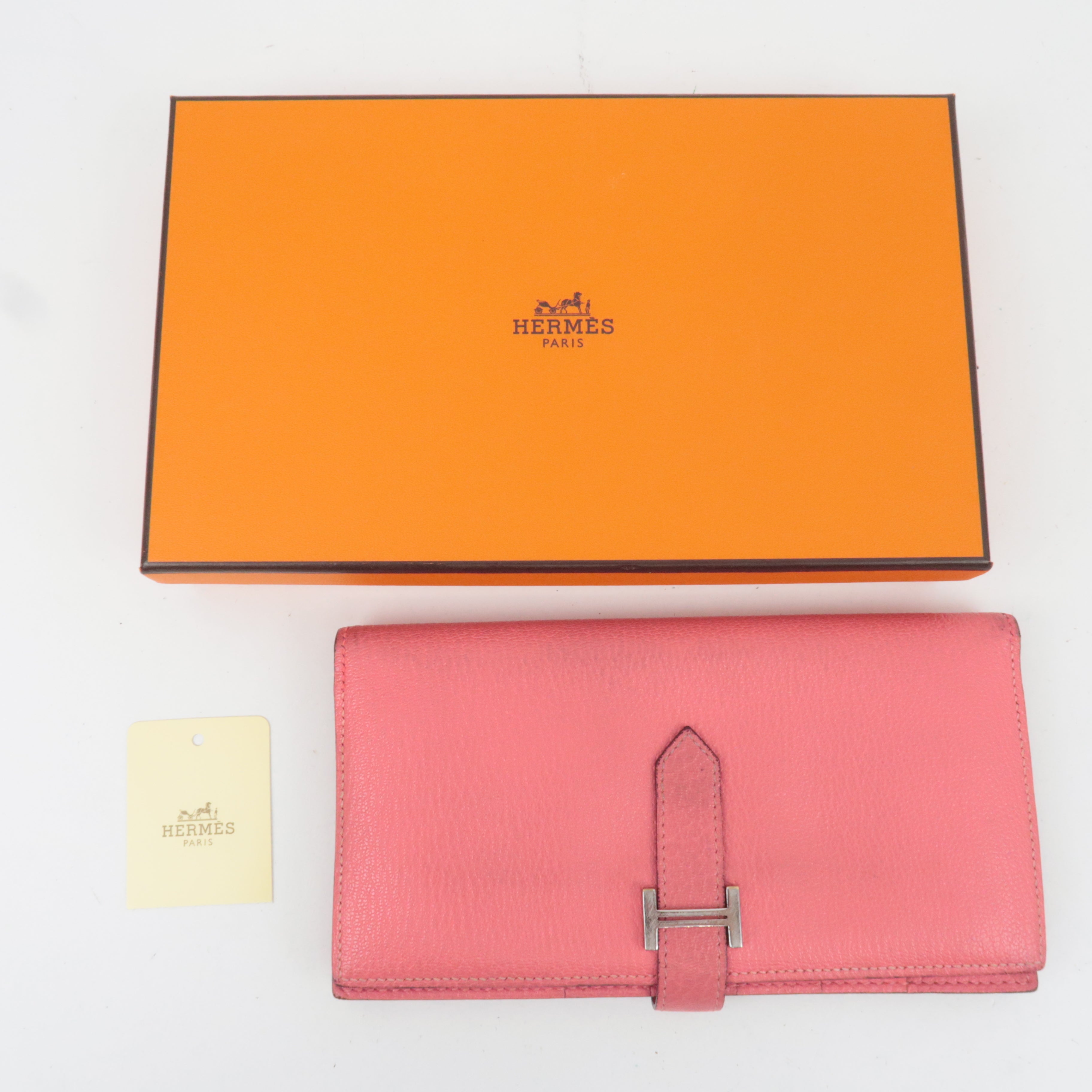 HERMES Bearn Soufflet Bifold Long Wallet X Stamp (2016) Chevre Rose Azalea Silver HDW *Box