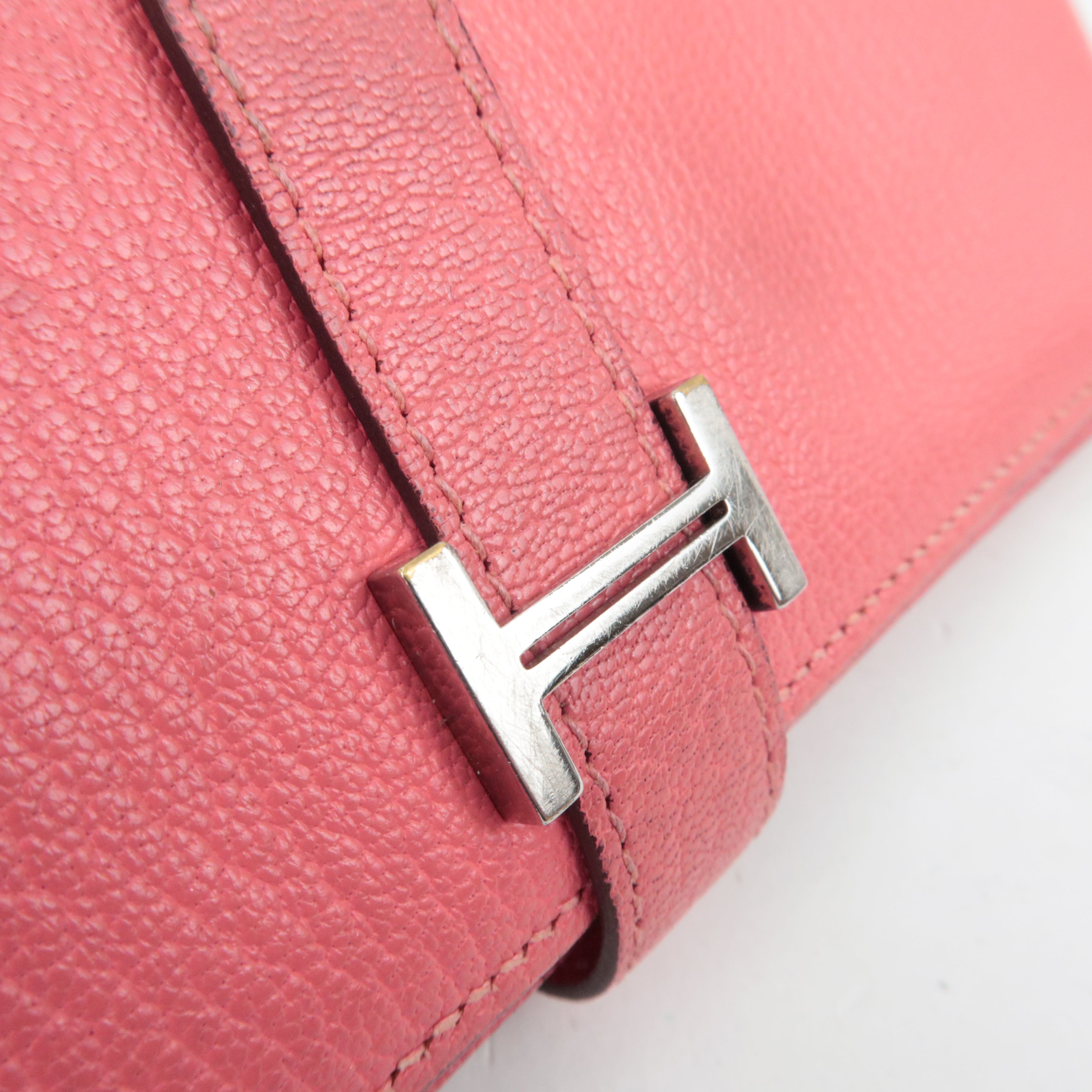 HERMES Bearn Soufflet Bifold Long Wallet X Stamp (2016) Chevre Rose Azalea Silver HDW *Box