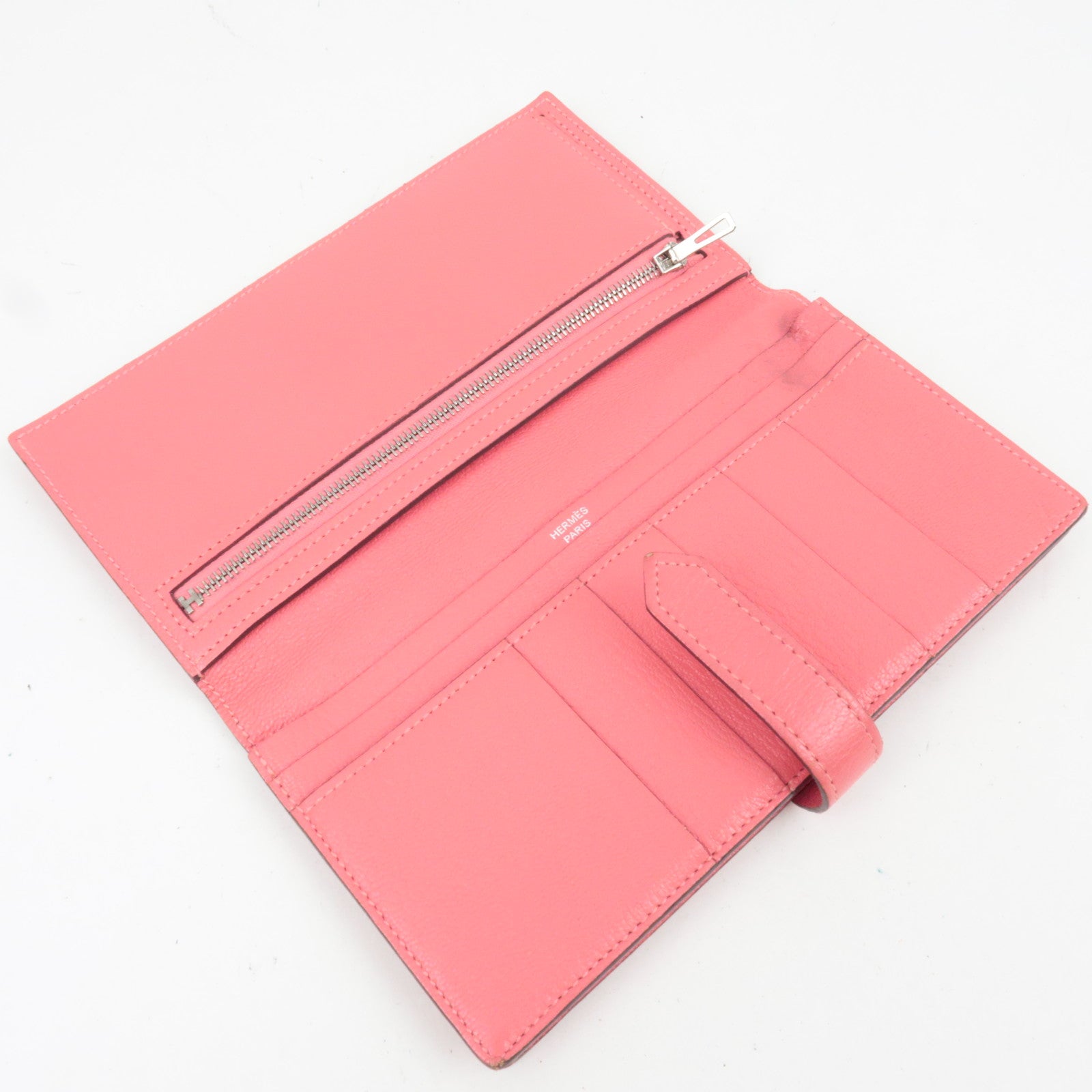 HERMES Bearn Soufflet Chevre Bifold Long Wallet C Stamp (2018) Rose Azalea Silver HDW *Box