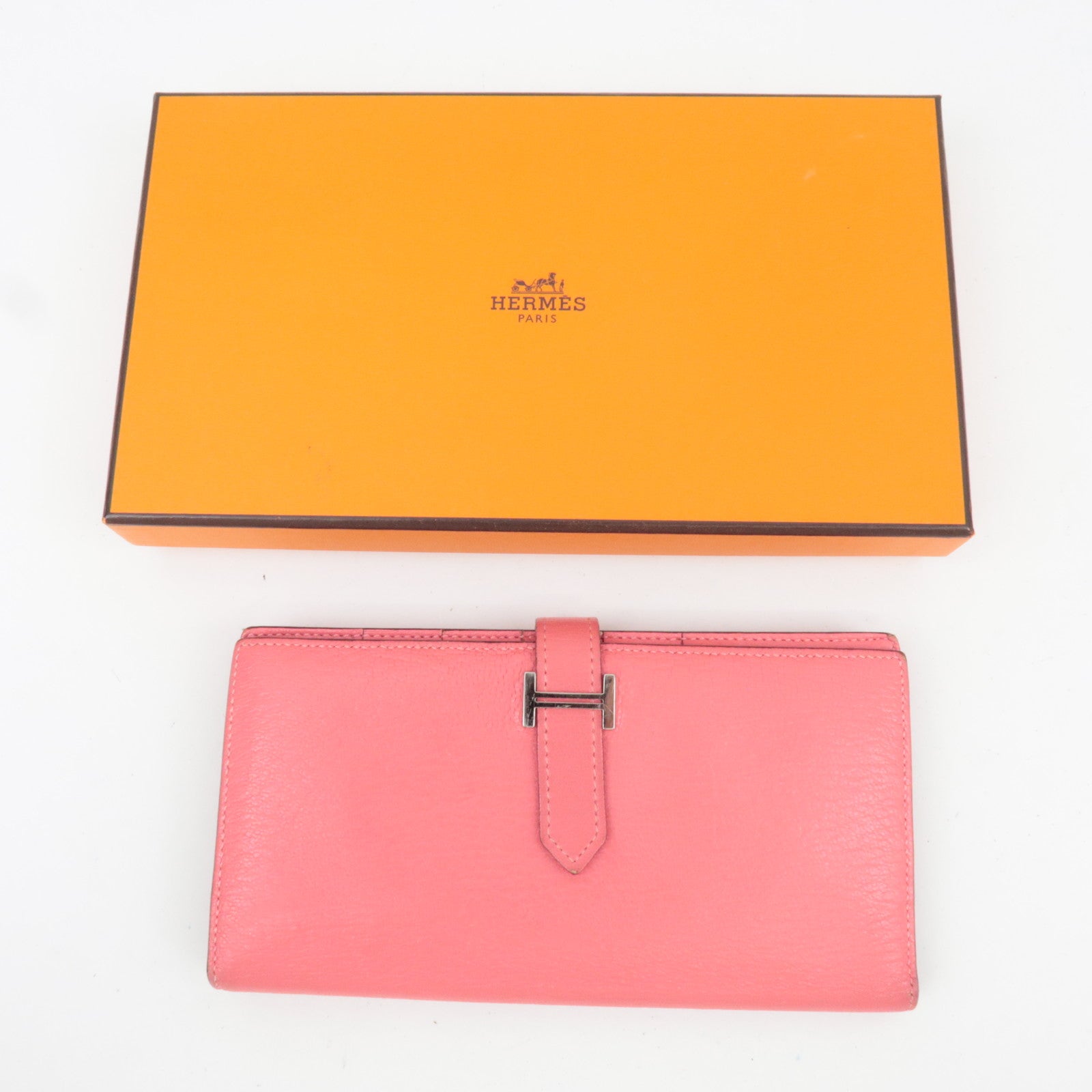 HERMES Bearn Soufflet Chevre Bifold Long Wallet C Stamp (2018) Rose Azalea Silver HDW *Box