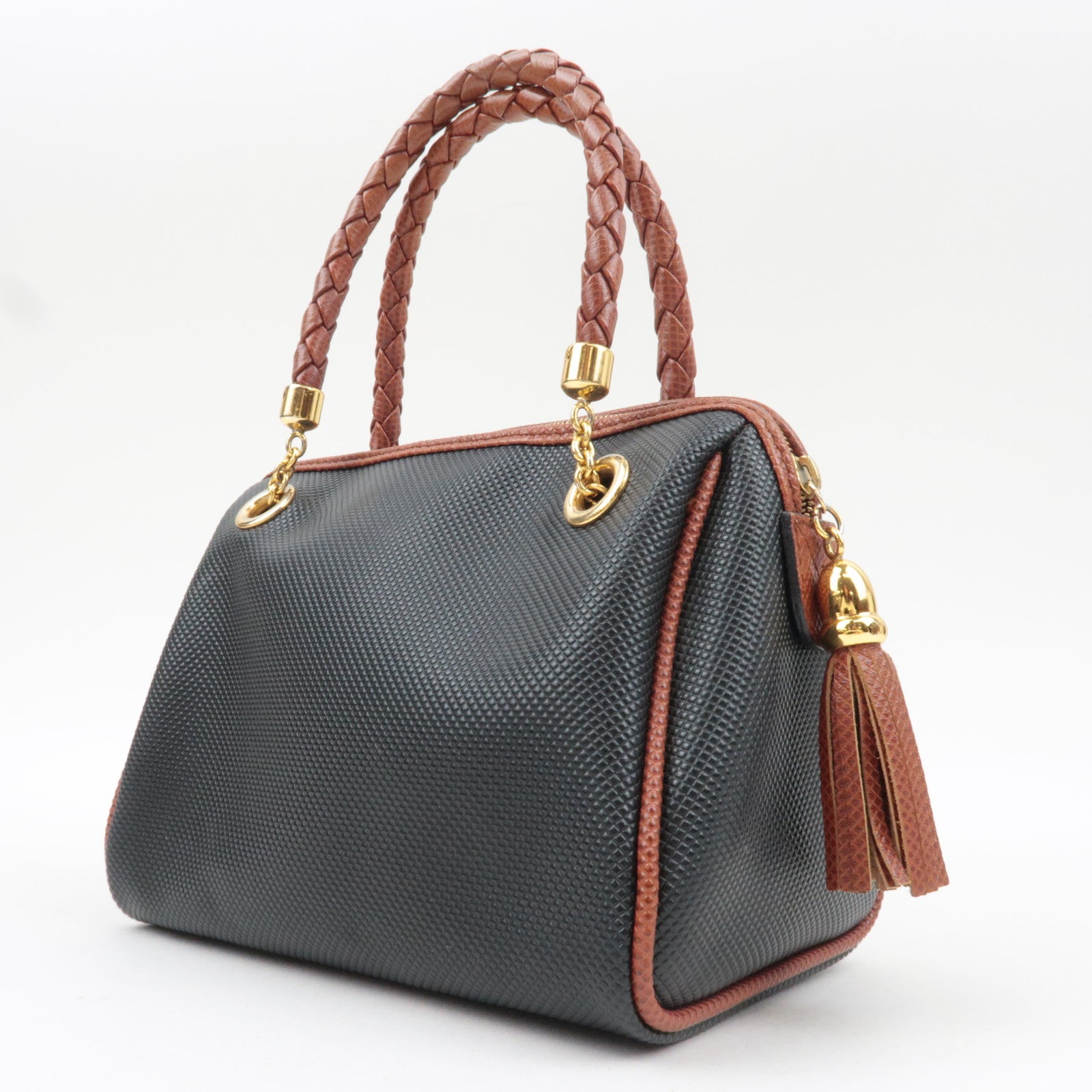 BOTTEGA VENETA Intrecciato Marco Polo Vintage Leather Handbag Black Brown