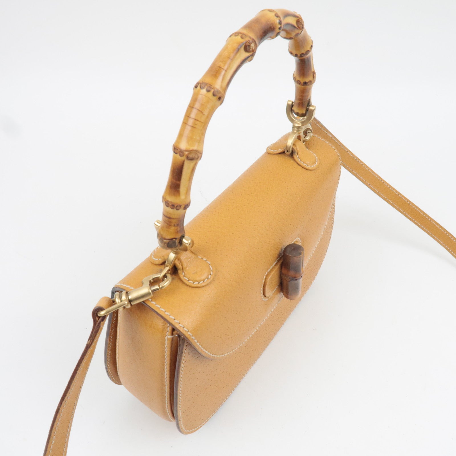 GUCCI Bamboo 2Way Leather Shoulder Bag Beige 000.1014.0188 *Strap