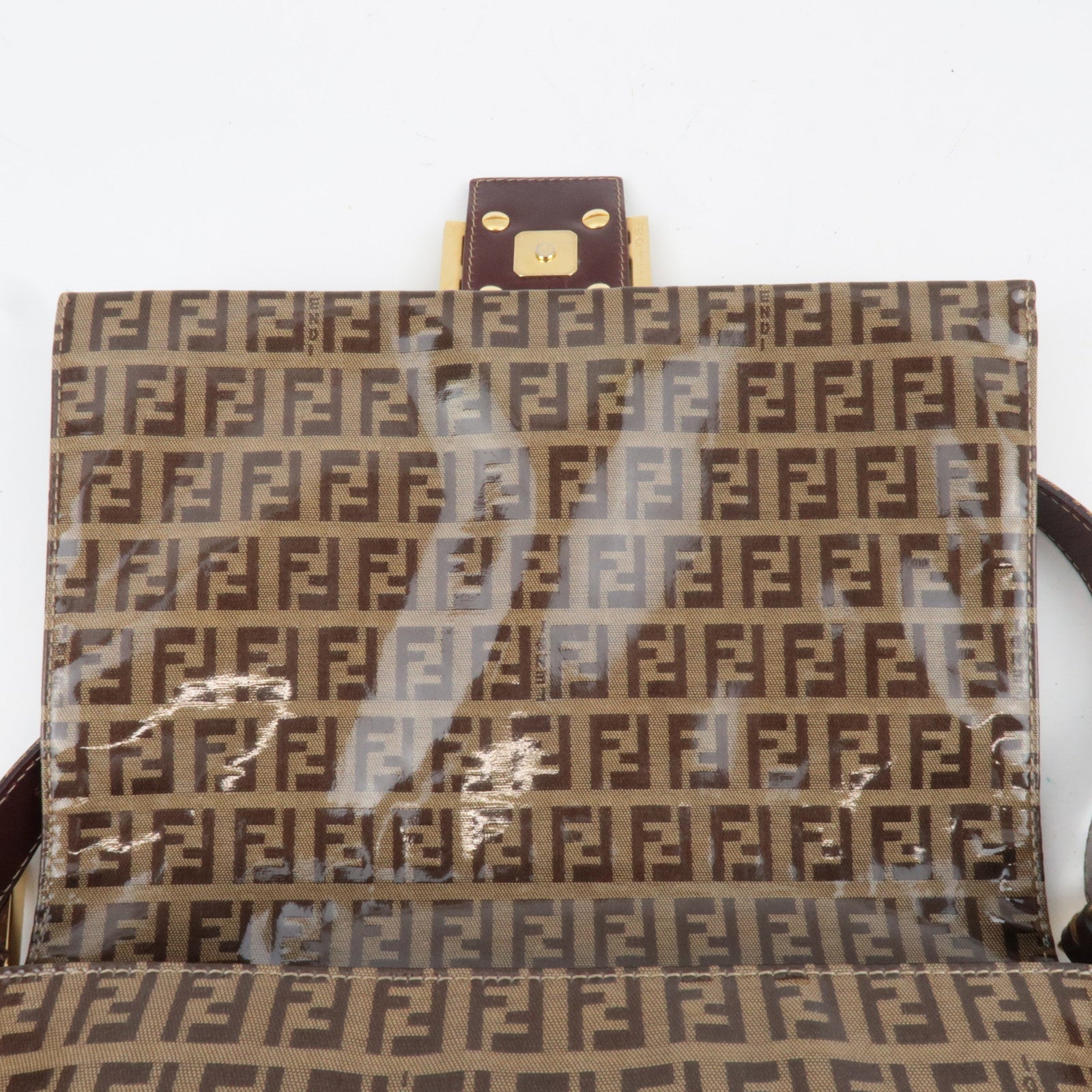 FENDI Zucchino Mamma Baguette Vinyl Leather Shoulder Bag Beige Brown 26325