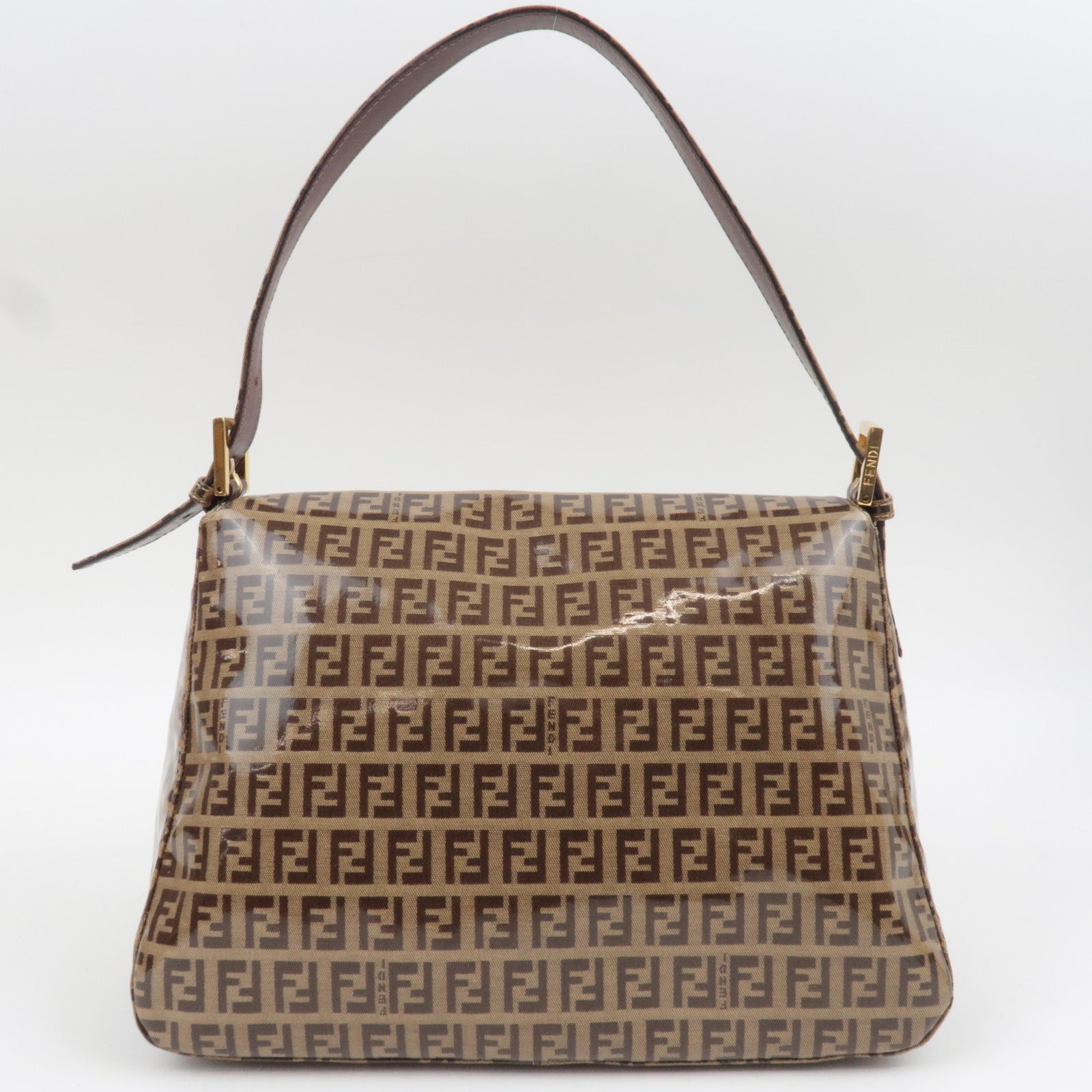 FENDI Zucchino Mamma Baguette Vinyl Leather Shoulder Bag Beige Brown 26325