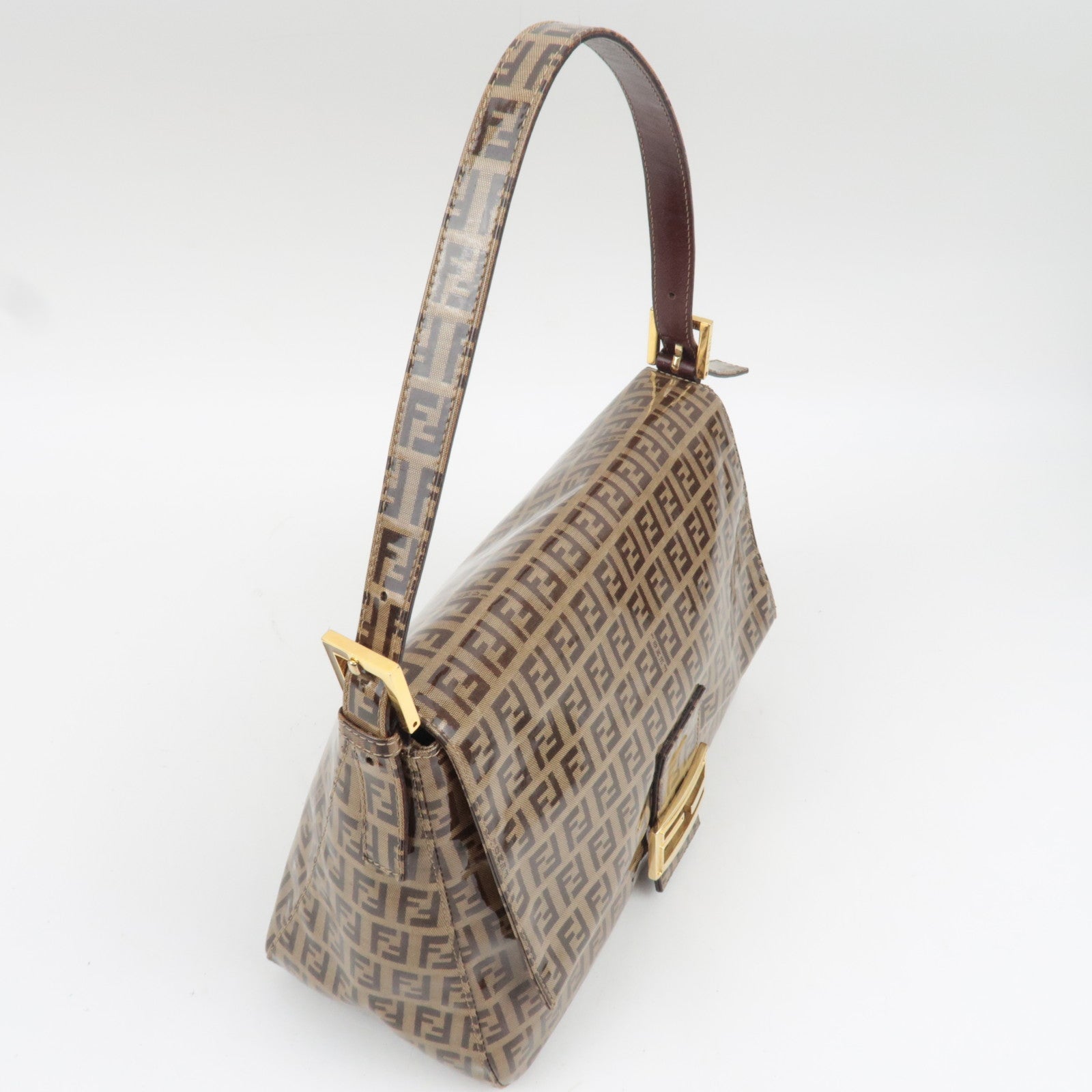 FENDI Zucchino Mamma Baguette Vinyl Leather Shoulder Bag Beige Brown 26325