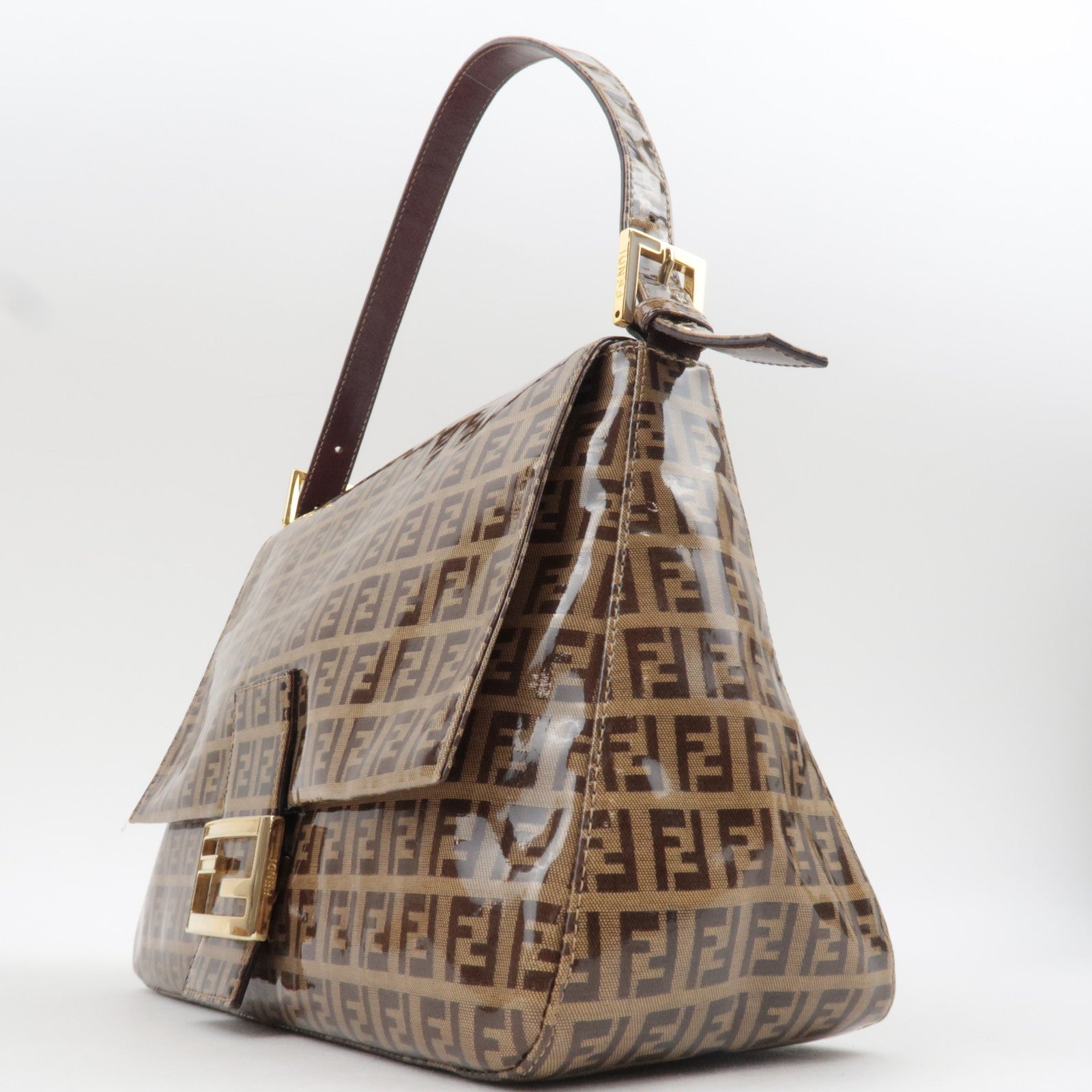 FENDI Zucchino Mamma Baguette Vinyl Leather Shoulder Bag Beige Brown 26325