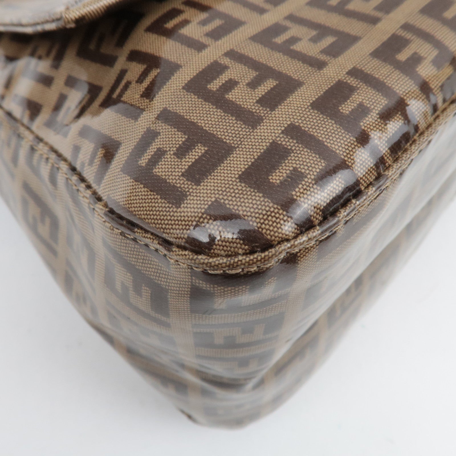 FENDI Zucchino Mamma Baguette Vinyl Leather Shoulder Bag Beige Brown 26325