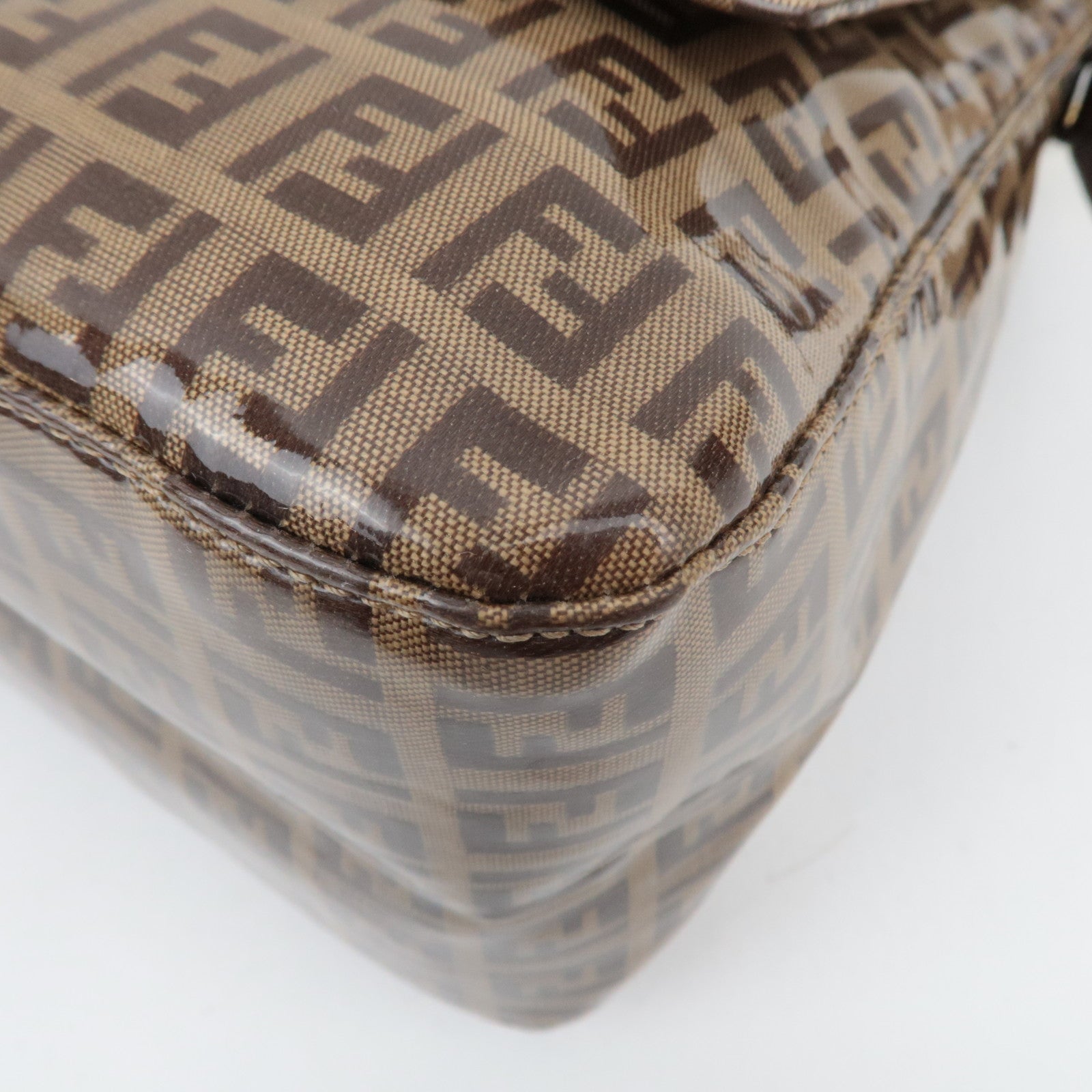 FENDI Zucchino Mamma Baguette Vinyl Leather Shoulder Bag Beige Brown 26325