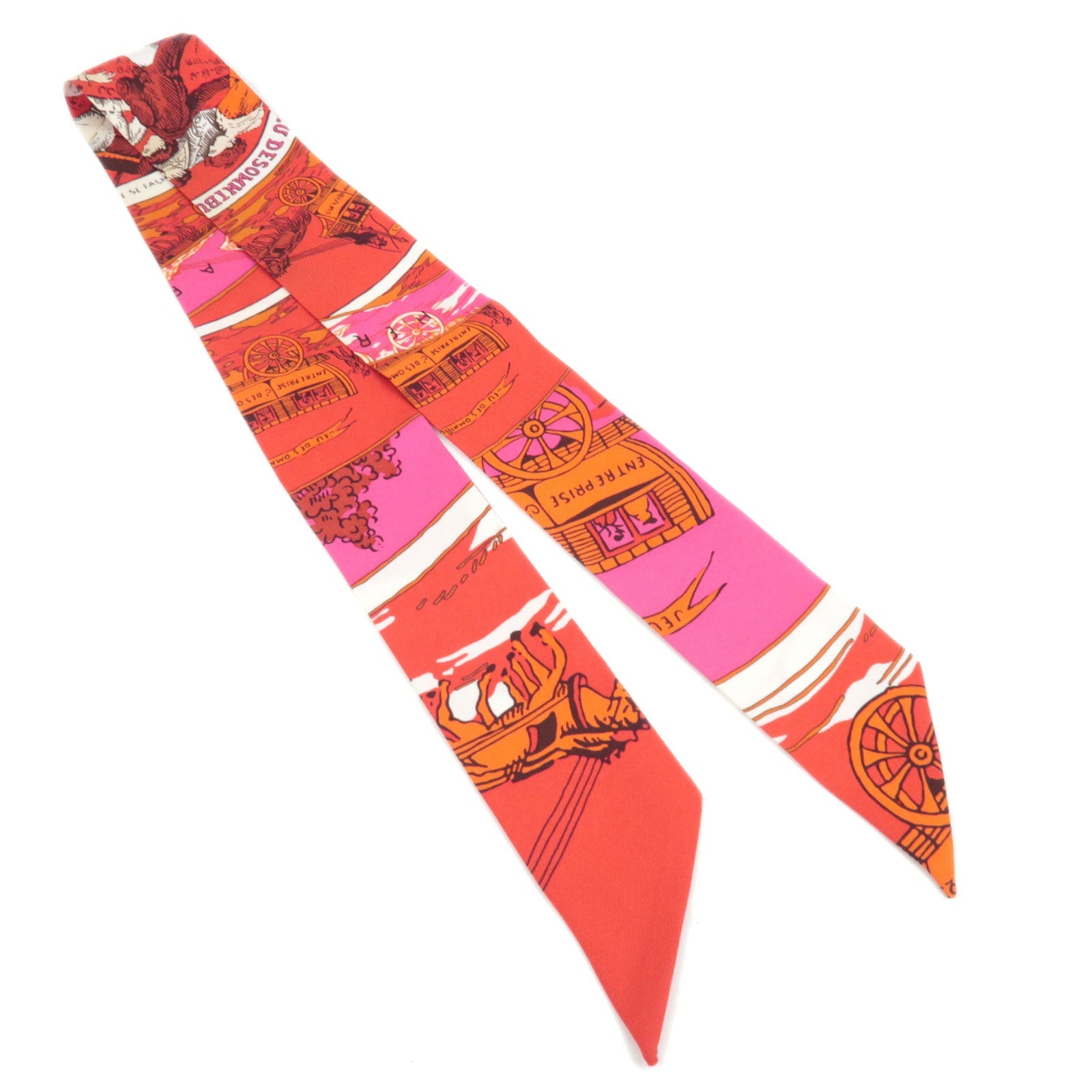 HERMES Twilly Scarf JEU DES ET DAMES OMNIBUS BLANCHES 100% Silk Red84151