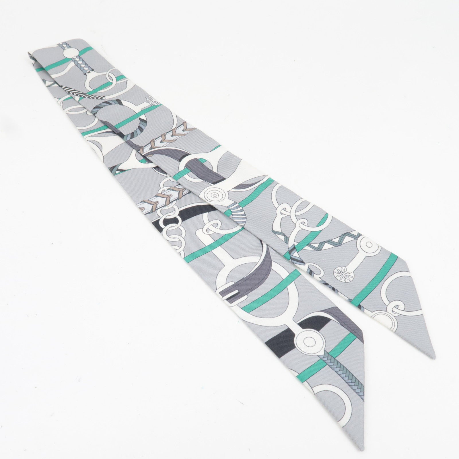 HERMES Twilly Scarf Panoplie Equestre 100% Silk Gray