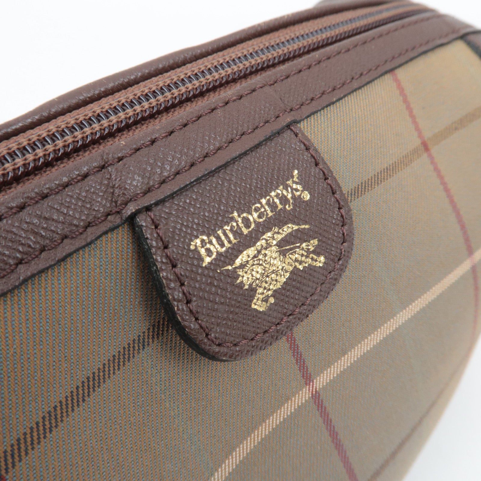 BURBERRY burberrys Nova Plaid Canvas Leather Cosmetic Pouch Beige Brown