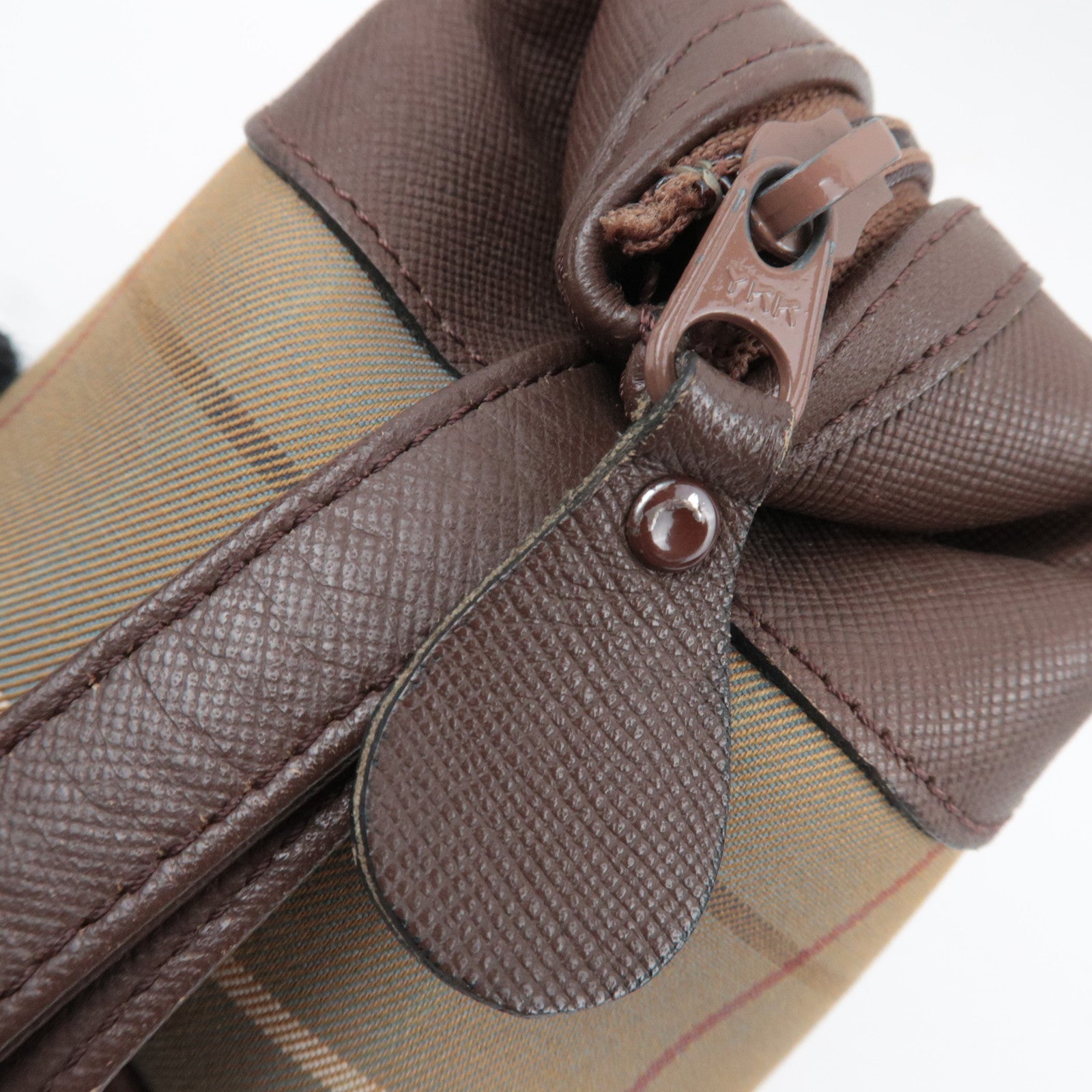 BURBERRY burberrys Nova Plaid Canvas Leather Cosmetic Pouch Beige Brown