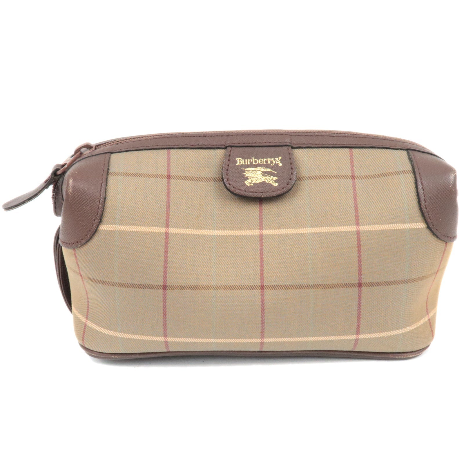 BURBERRY burberrys Nova Plaid Canvas Leather Cosmetic Pouch Beige Brown84172
